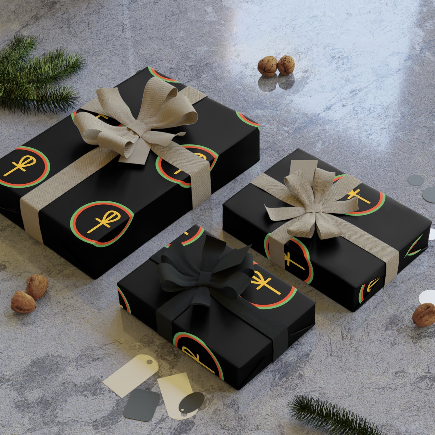 Black Afrocentric Gift Wrap | Ankh Symbol | Kwanzaa Gift Wrap Roll | Premium Recyclable Holiday Gift Paper | African Inspired Decor