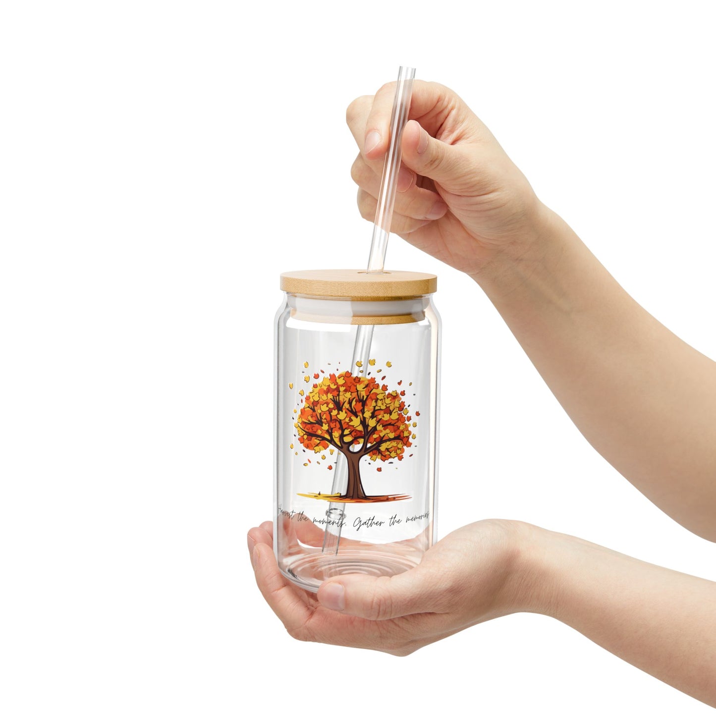 Harvest the Moments Sipper Glass - 16oz Clear Drinkware with Bamboo Lid - Perfect Fall & Thanksgiving Gift
