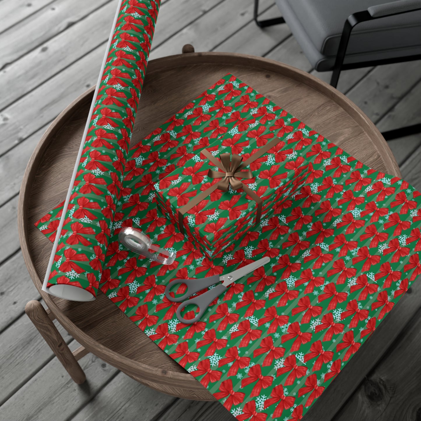 Premium Christmas Wrapping Paper: Red Bow and Snowflake Holiday Gift Wrap (Matte or Satin Finish)
