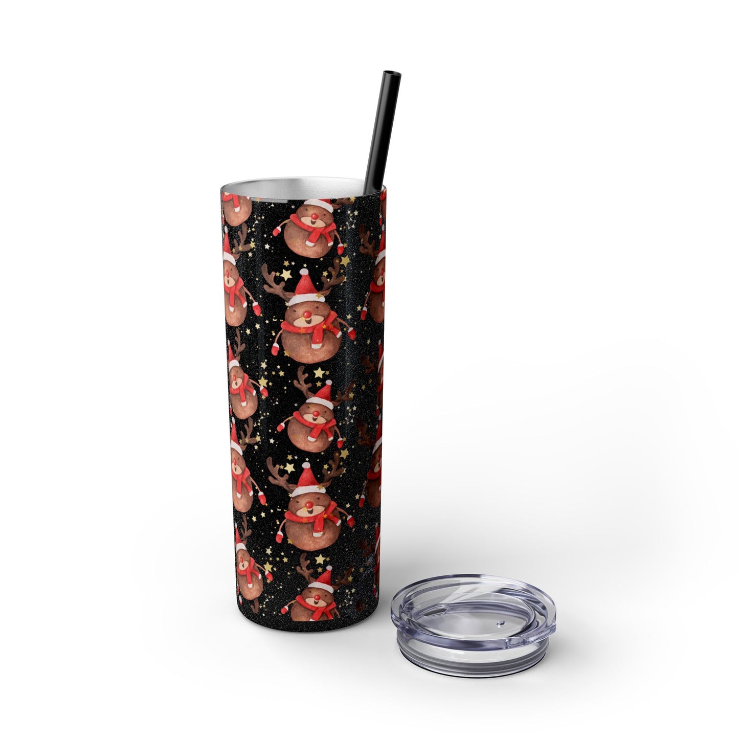 Black Glitter Reindeer & Snowman Skinny Tumbler 20oz | Festive Insulated Drinkware