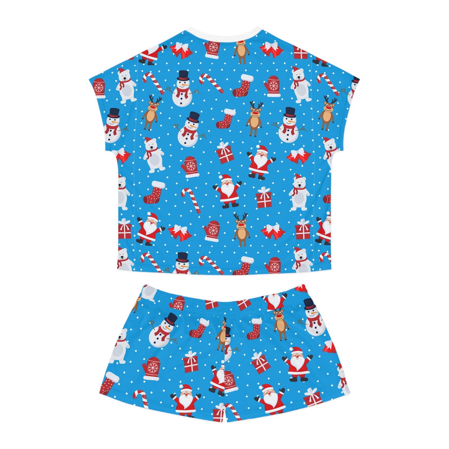 Blue Christmas Pajama Set - Festive Santa & Snowman Two-Piece Sleepwear - Holiday Gift for Her