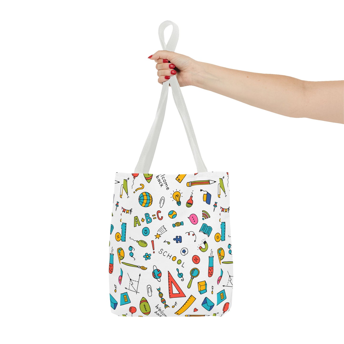 Back-to-School Doodle Print Tote Bag – Colorful School Supply Design in 3 Sizes