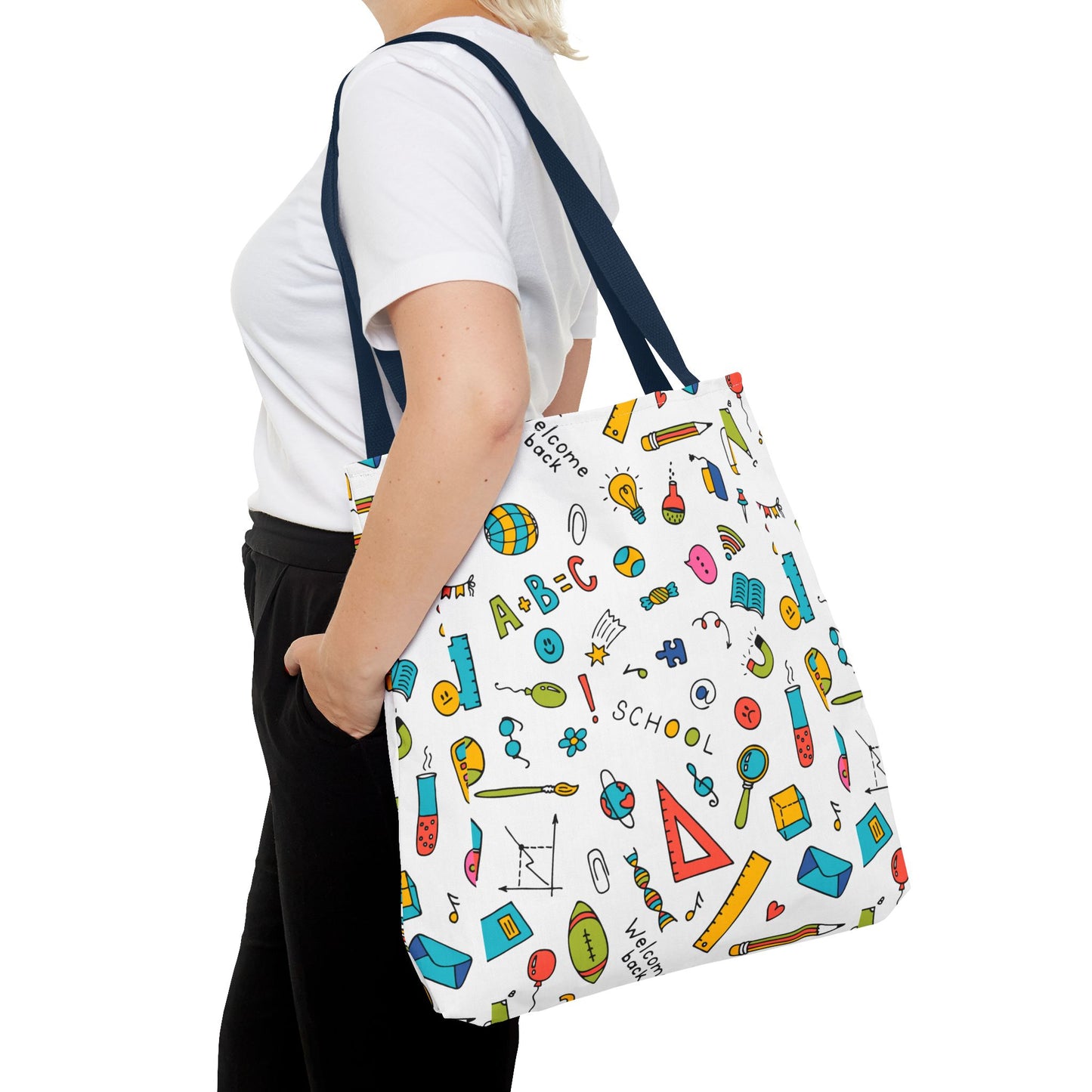 Back-to-School Doodle Print Tote Bag – Colorful School Supply Design in 3 Sizes