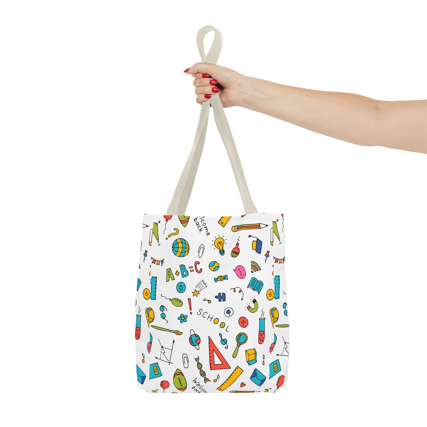Back-to-School Doodle Print Tote Bag – Colorful School Supply Design in 3 Sizes