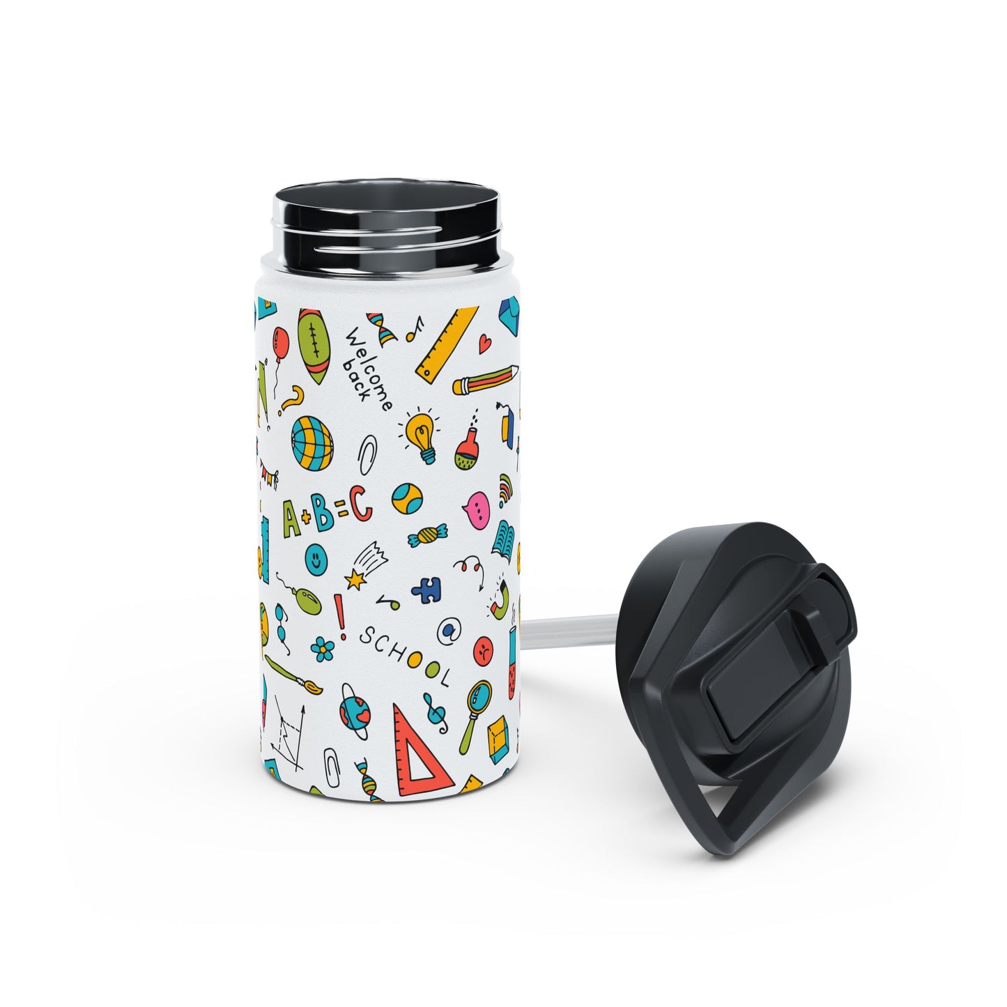 Back-to-School Stainless Steel Water Bottle – Colorful School Supplies Design, BPA-Free, 12oz/18oz/32oz