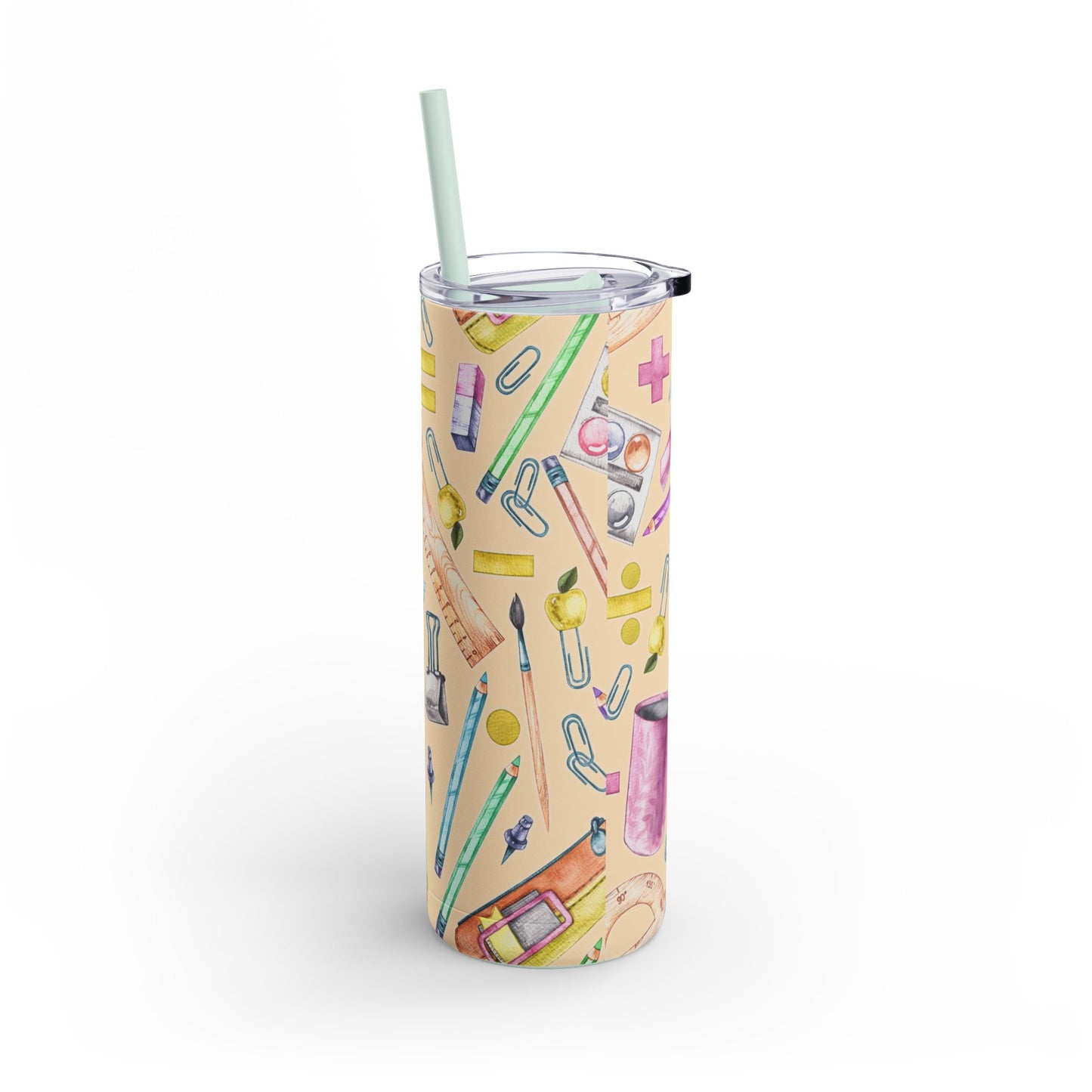 Back-to-School 20oz Skinny Tumbler – Colorful School Supplies Design, Insulated Stainless Steel Travel Cup with Straw