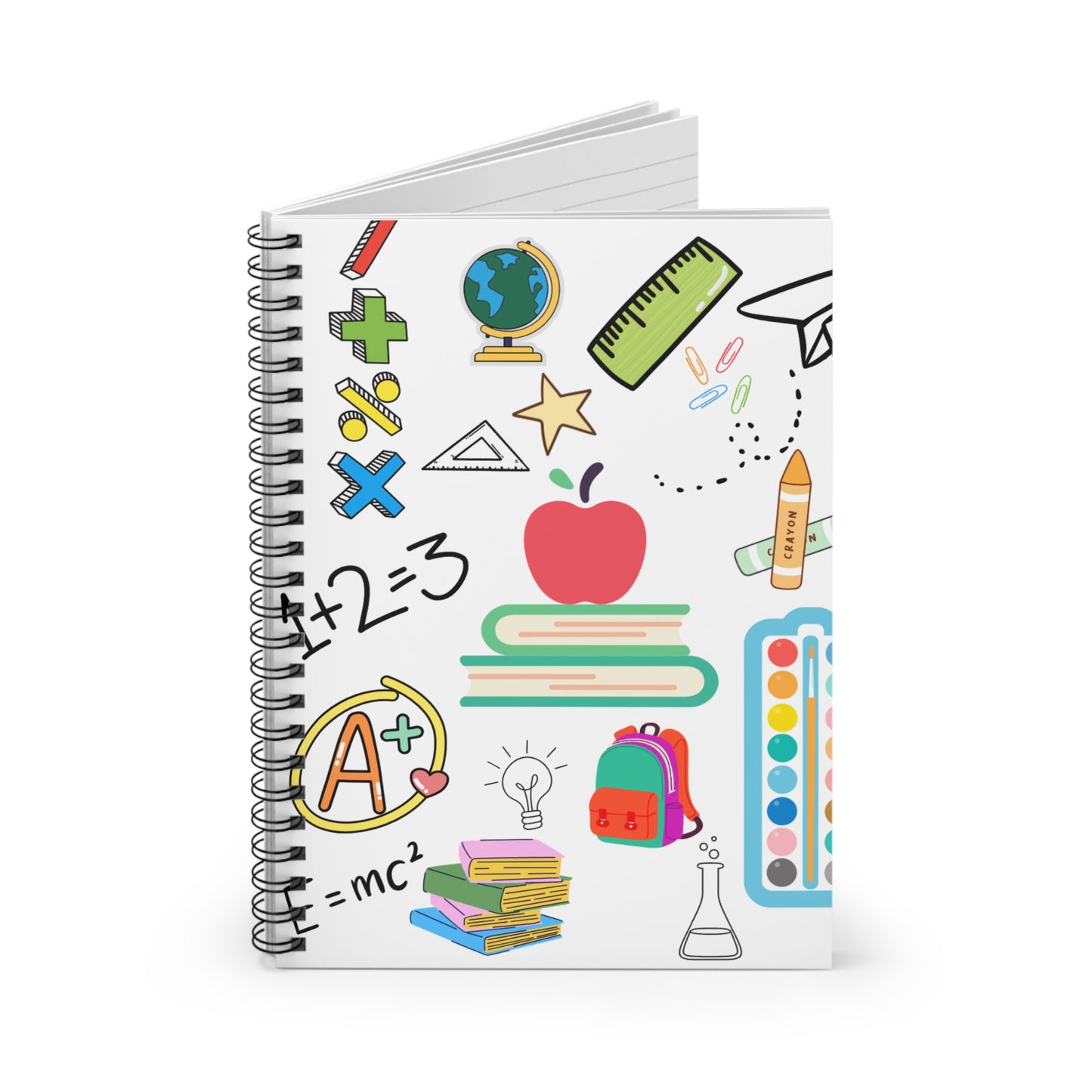 White spiral notebook with colorful classroom icons like apples, rulers, globes, and paper planes — perfect for moms, students, and teachers.