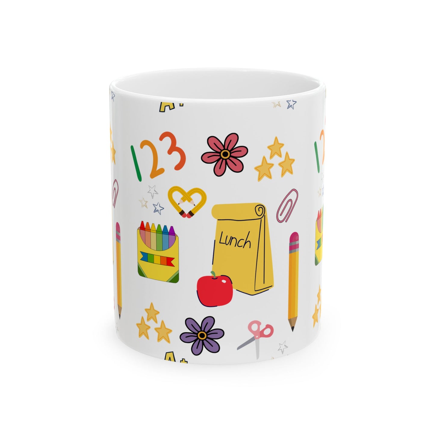 Back to School Teacher Mug – Cute Apple, Lunch & Crayon Design – Ceramic Coffee Cup in 11oz or 15oz – Teacher Gift for Women or Moms