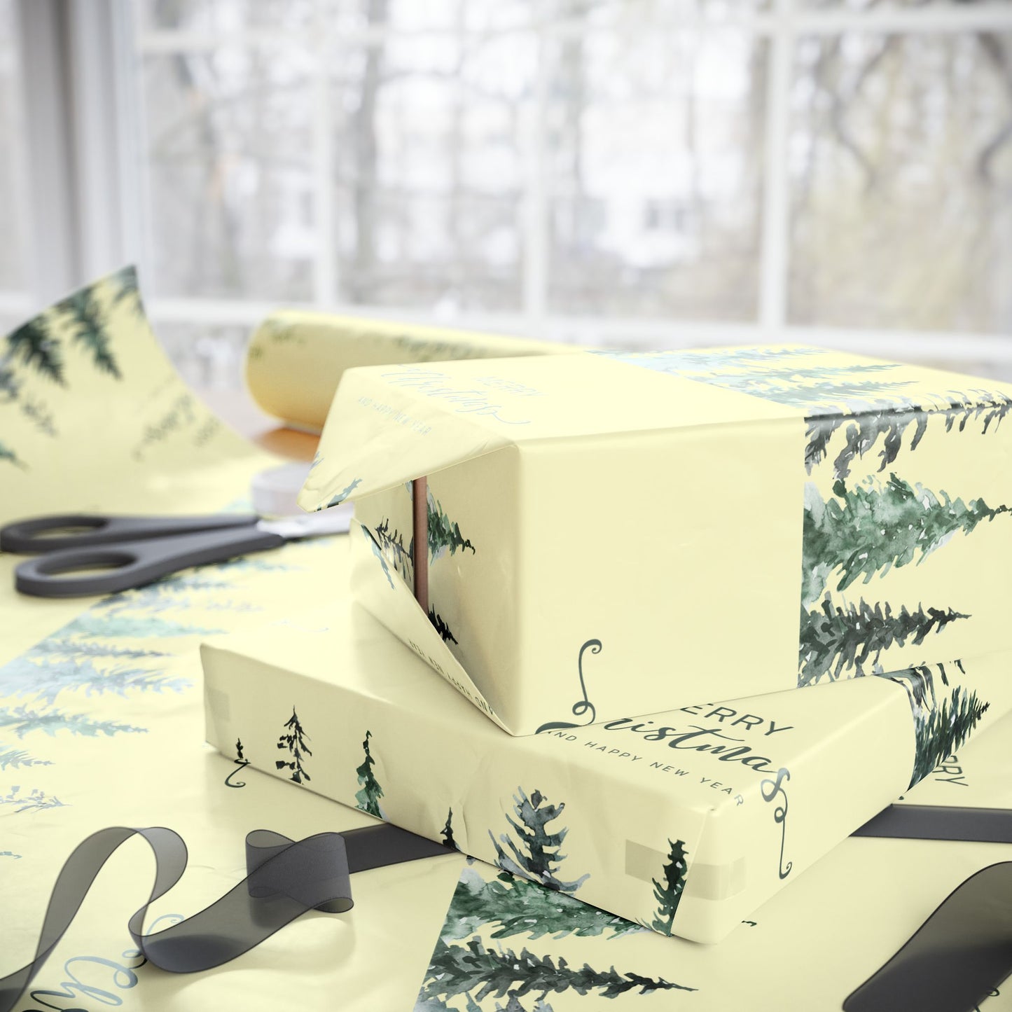 Elegant Evergreen Christmas Wrapping Paper : Minimalist Holiday Gift Wrap with Trees & Script Text, Perfect for Formal Gifting