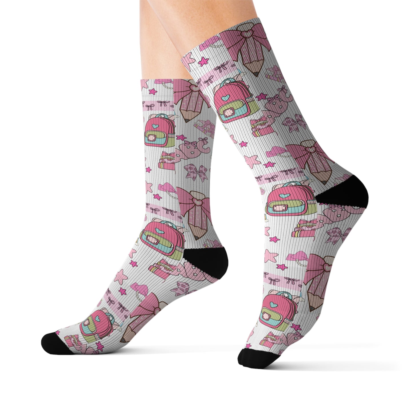 Back-to-School Pink Bow & Backpack Socks – Cute Unisex School Socks for Girls, Teens & Moms | ABC School Supply Print