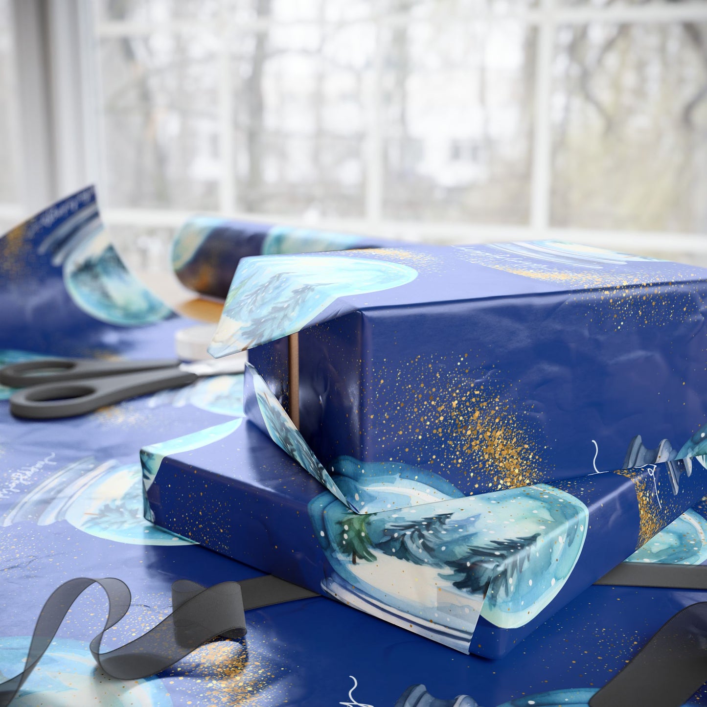Snow Globe Holiday Wrapping Paper : Luxurious Blue Gift Wrap Festive Design, Matte or Glossy Finish, Perfect for Christmas and Holiday Gifts