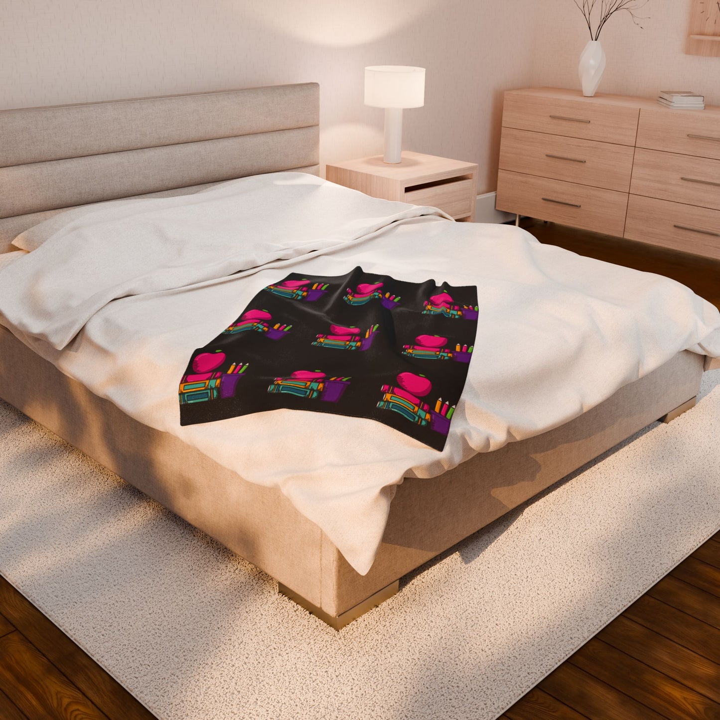 Black Back-to-School Apple & Books Blanket – Cozy Teacher Gift, Student Dorm Throw, Available in White or Black