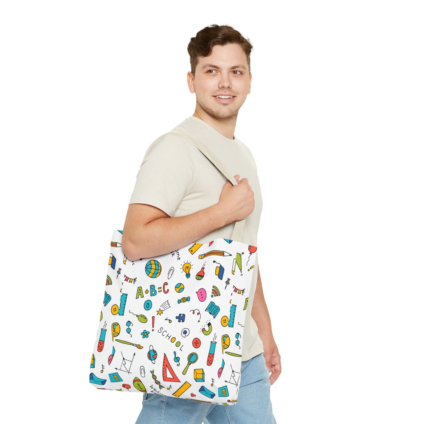 Back-to-School Doodle Print Tote Bag – Colorful School Supply Design in 3 Sizes