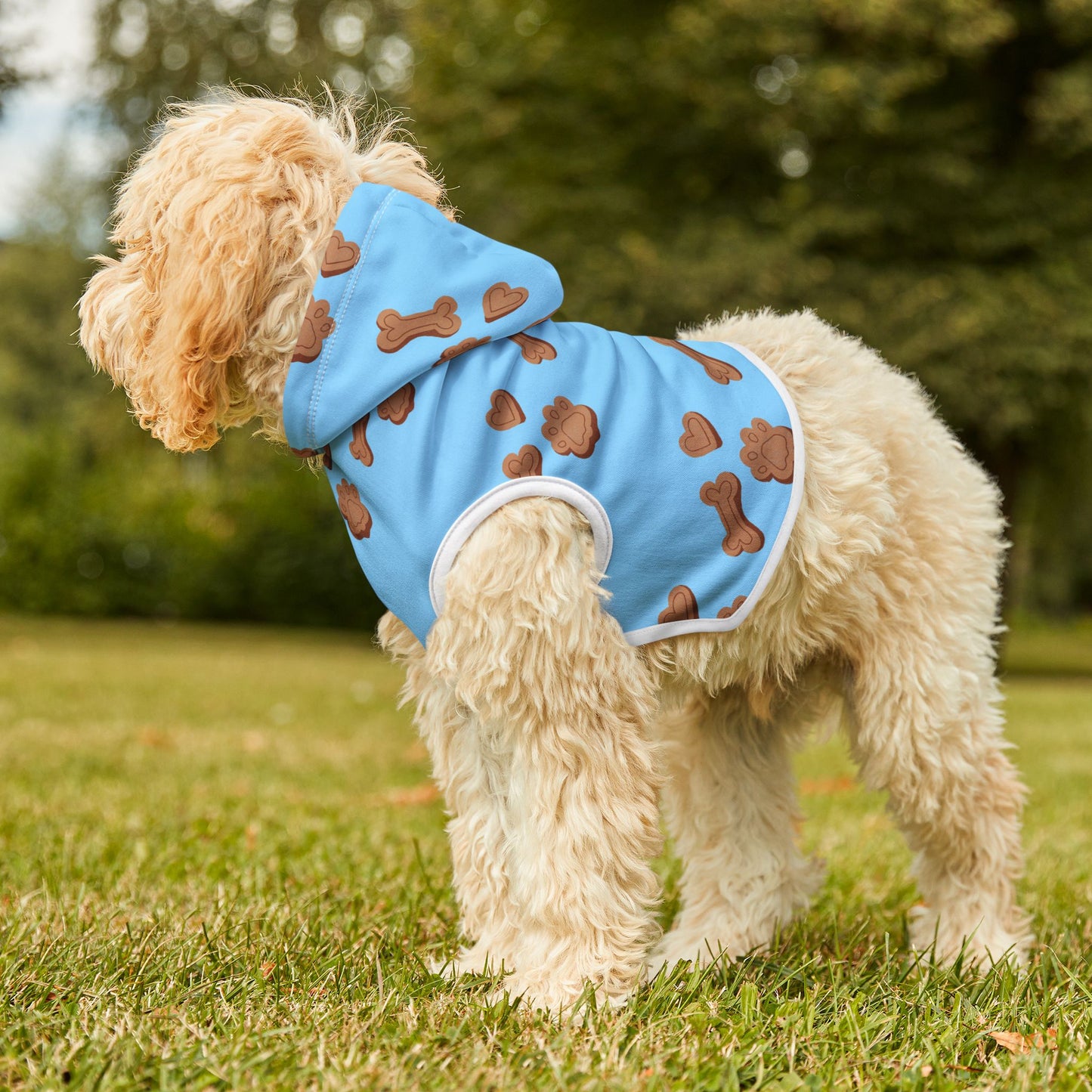 Dog Mom Must-Have: Cute Blue Pet Hoodie with Paw & Bone Pattern