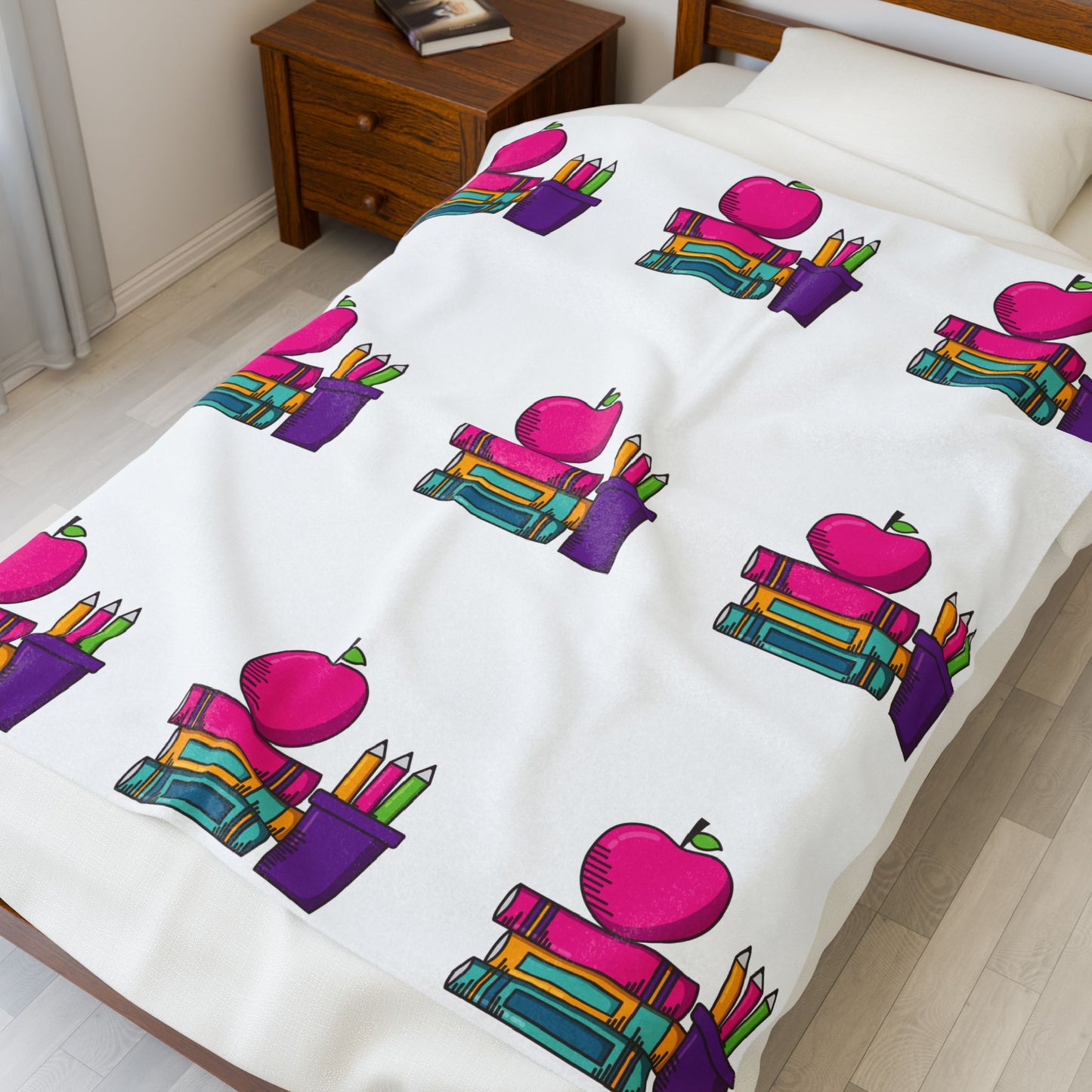 White Back-to-School Apple & Books Blanket – Cozy Teacher Gift, Student Dorm Throw, Available in White or Black