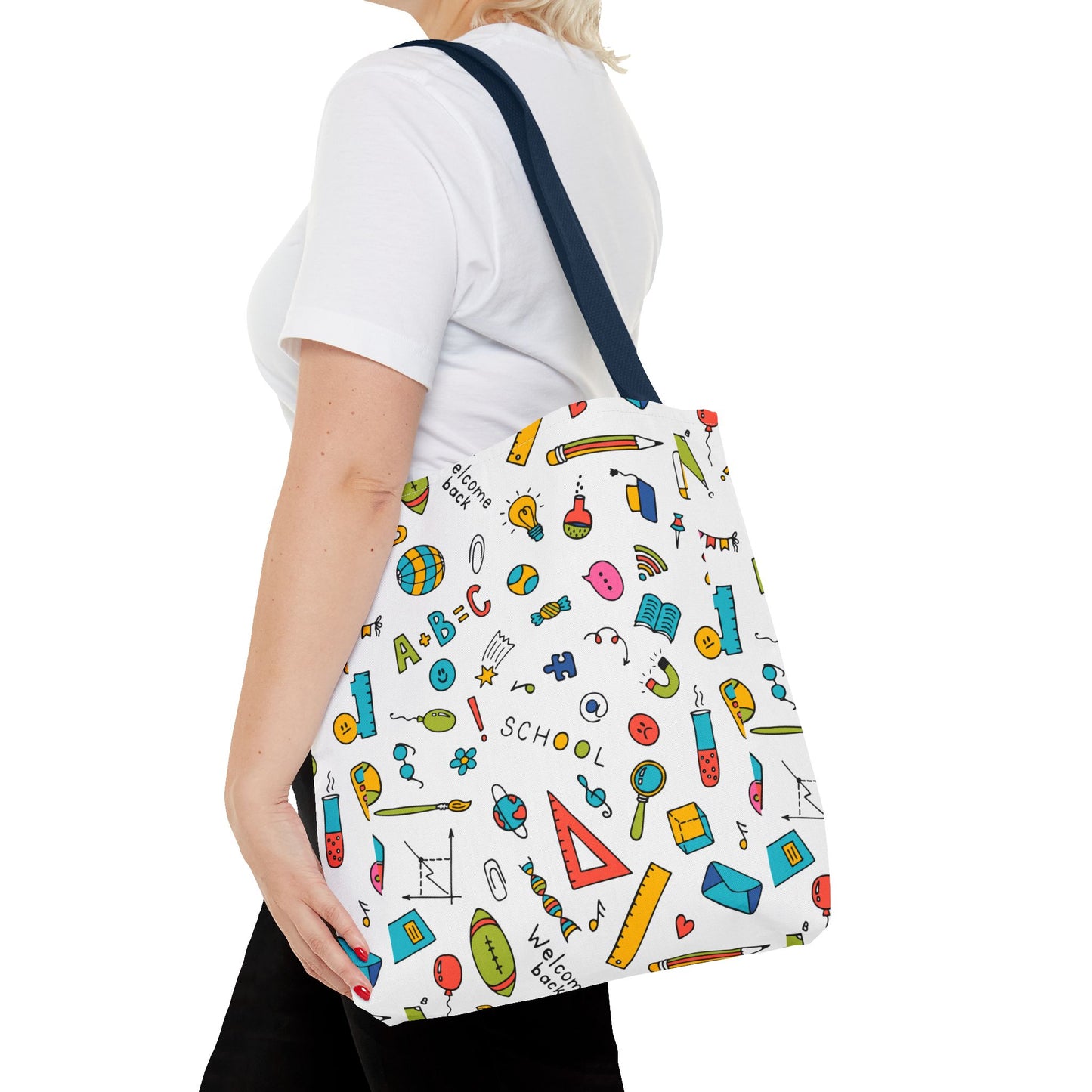 Back-to-School Doodle Print Tote Bag – Colorful School Supply Design in 3 Sizes