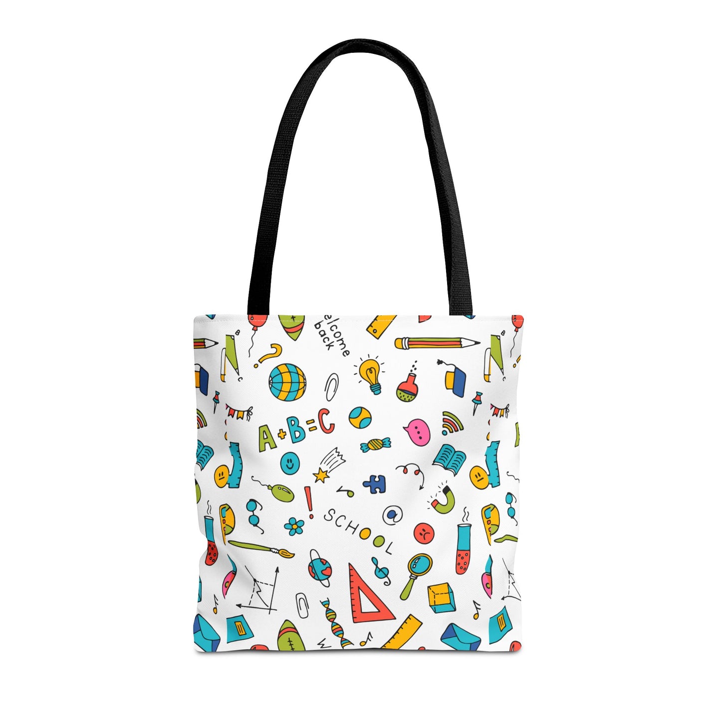 Back-to-School Doodle Print Tote Bag – Colorful School Supply Design in 3 Sizes