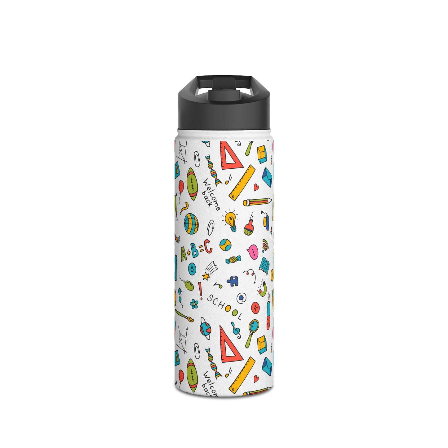 Back-to-School Stainless Steel Water Bottle – Colorful School Supplies Design, BPA-Free, 12oz/18oz/32oz