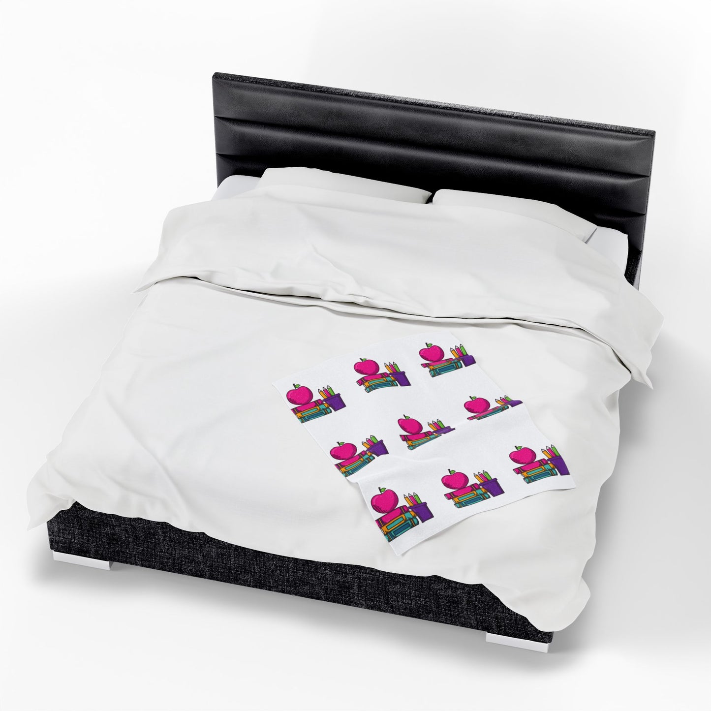 White Back-to-School Apple & Books Blanket – Cozy Teacher Gift, Student Dorm Throw, Available in White or Black