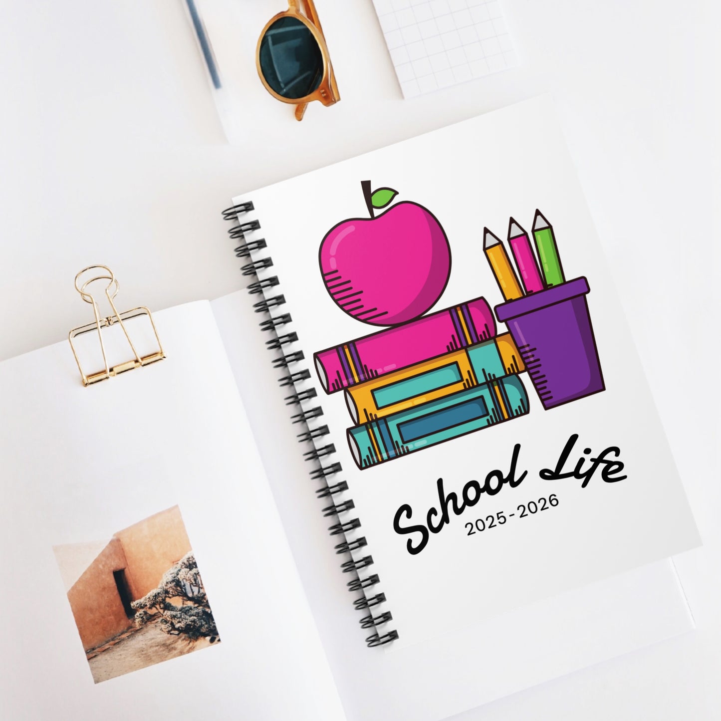 School Life 2025-2026 Spiral Notebook – Cute Pink Apple & Book Design for Students & Teachers