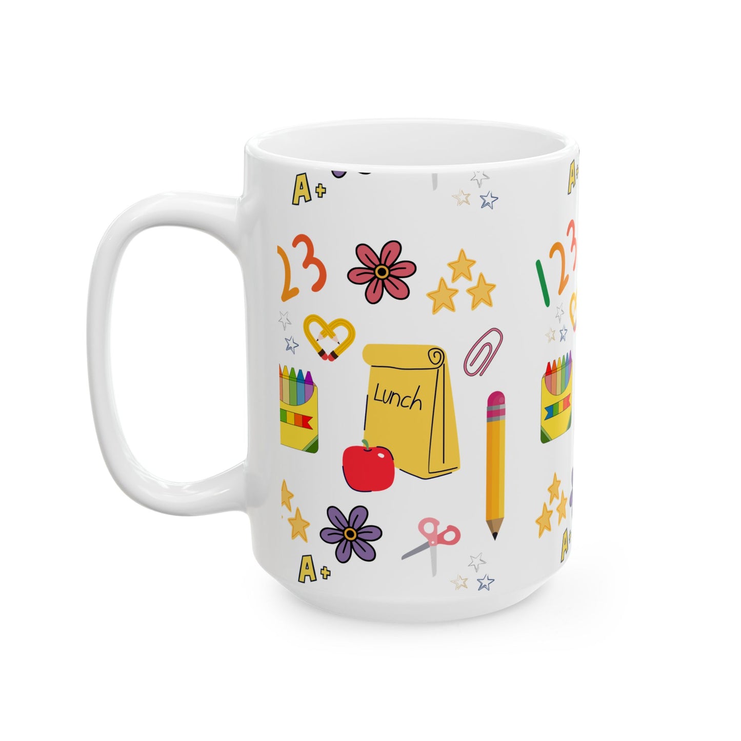 Back to School Teacher Mug – Cute Apple, Lunch & Crayon Design – Ceramic Coffee Cup in 11oz or 15oz – Teacher Gift for Women or Moms
