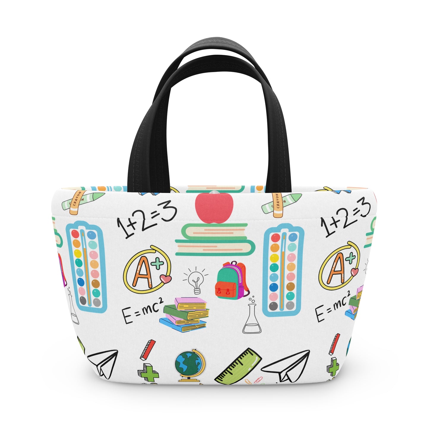White neoprene lunch bag with colorful classroom print including apples, rulers, books, and paper planes — ideal for teachers, moms, and students.