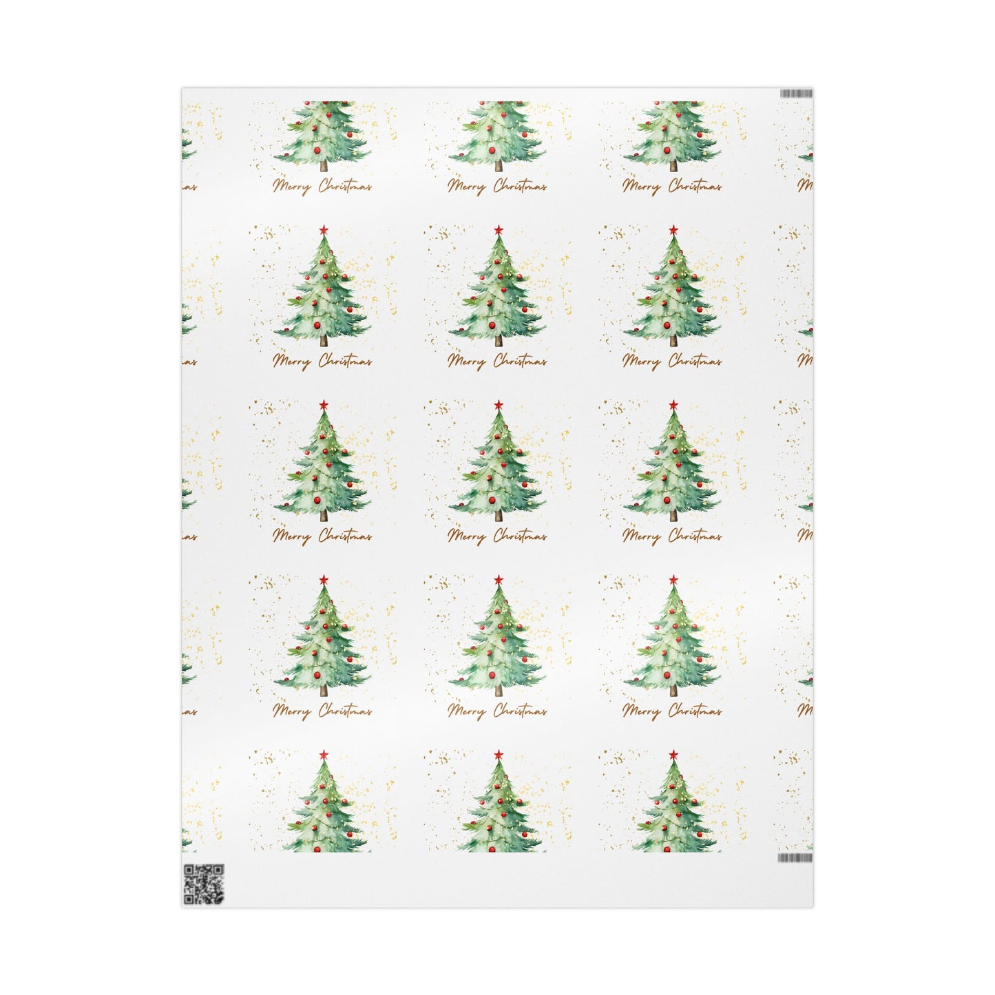 Glossy Merry Christmas Wrapping Paper with Watercolor Tree Design - Elegant Holiday Gift Wrap with Gold Accents