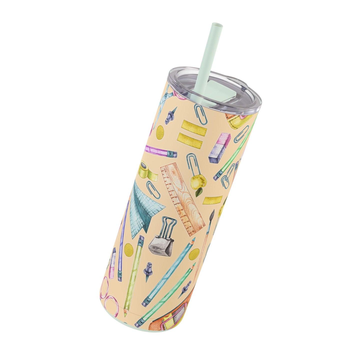 Back-to-School 20oz Skinny Tumbler – Colorful School Supplies Design, Insulated Stainless Steel Travel Cup with Straw