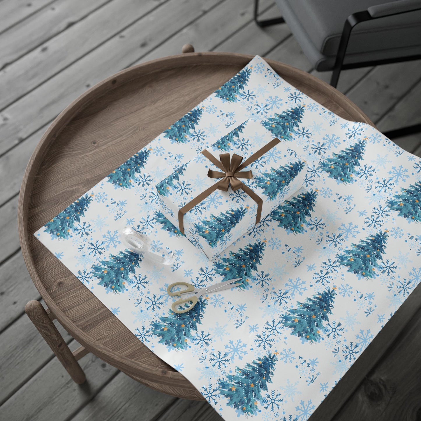 Winter Wonderland Wrapping Paper : Blue Christmas Tree and Snowflake Holiday Gift Wrap, Premium Eco-Friendly Design