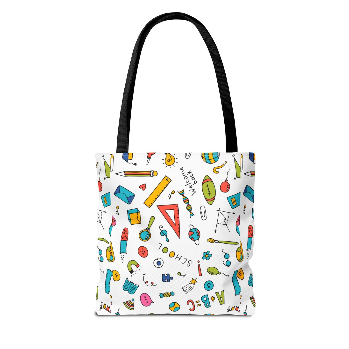 Back-to-School Doodle Print Tote Bag – Colorful School Supply Design in 3 Sizes