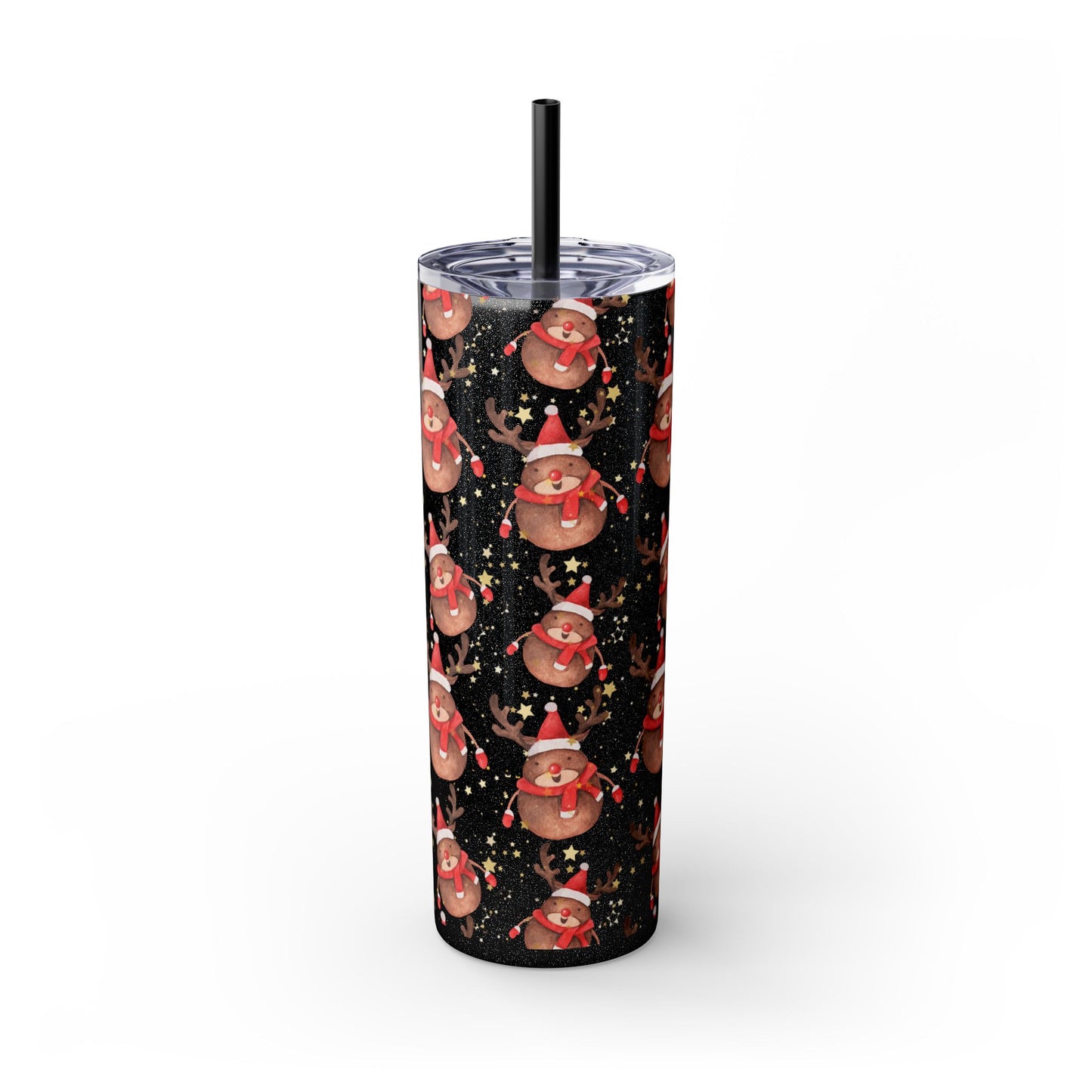 Black Glitter Reindeer & Snowman Skinny Tumbler 20oz | Festive Insulated Drinkware