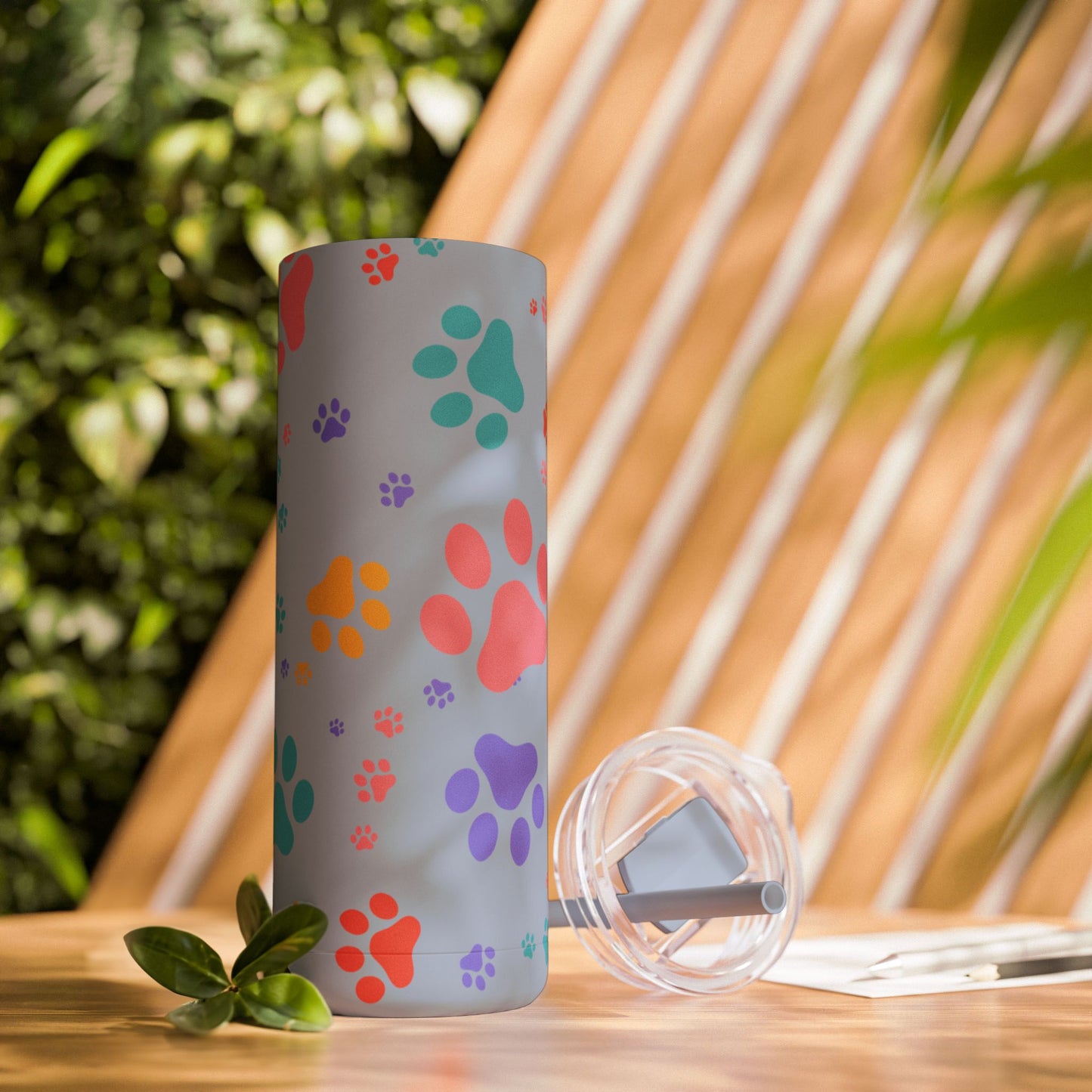 Dog Paw Print 20oz Skinny Tumbler – Colorful Dog Mom Travel Cup, Hot & Cold Drink Tumbler with Straw
