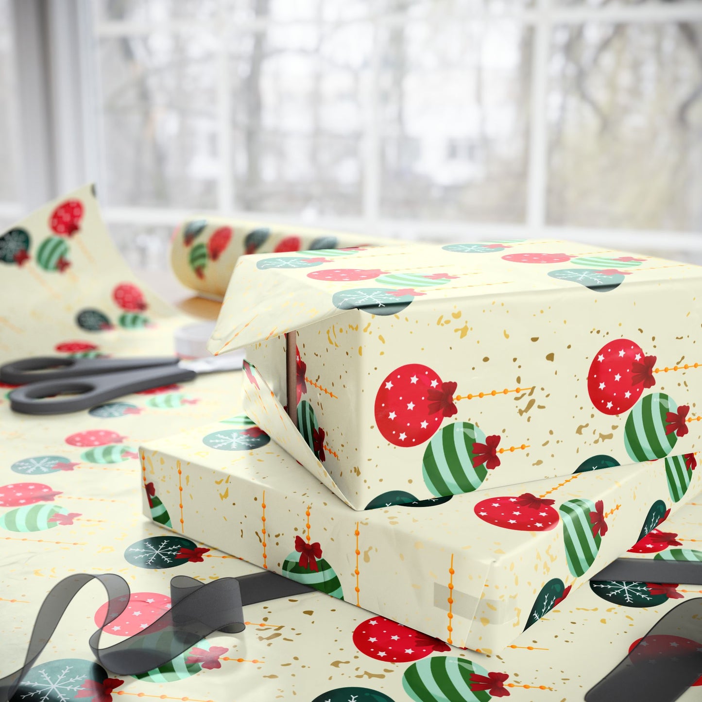 Christmas Ornament Wrapping Paper : Festive Holiday Gift Wrap with Red & Green Ornaments, Perfect for Christmas Gifts