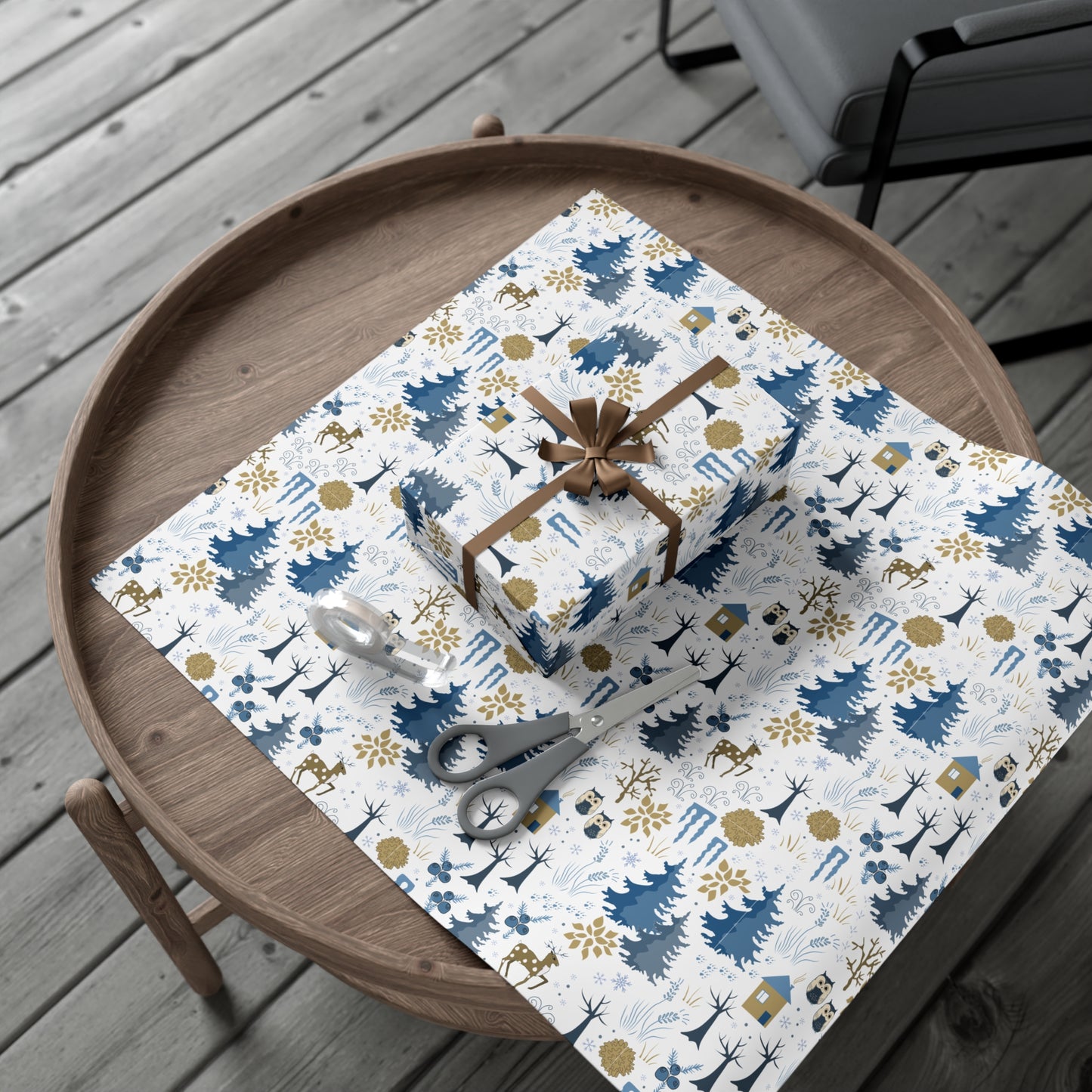 Winter Forest Scene Wrapping Paper: White & Blue - Sustainable Holiday Gift Wrap Satin and Matte Finishes