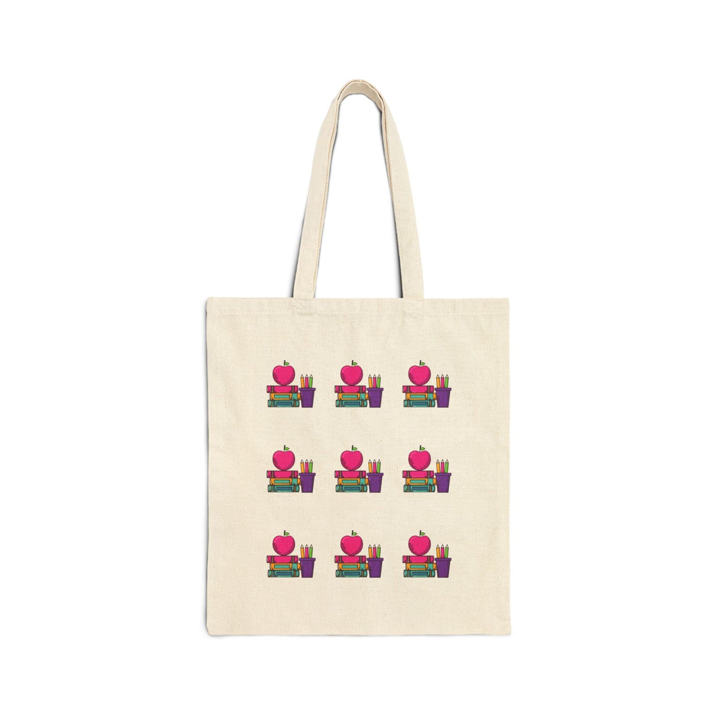 Canvas Tote Bag – Cute Apple & Books Print | Back-to-School Teacher Tote | Eco-Friendly Book Bag for Women & Moms