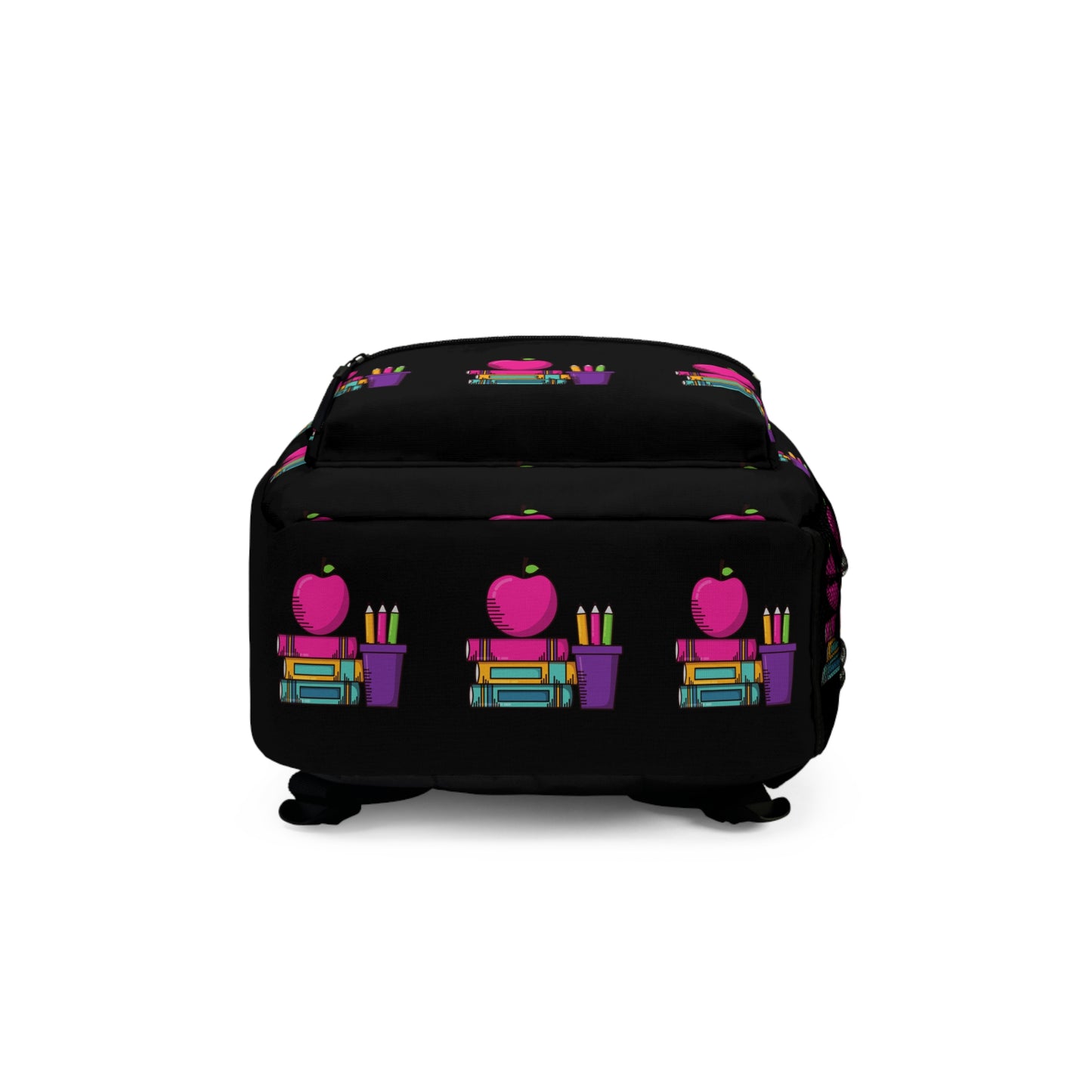 Black Colorful Back-to-School Kids Backpack – Pink Apple & Crayons Pattern