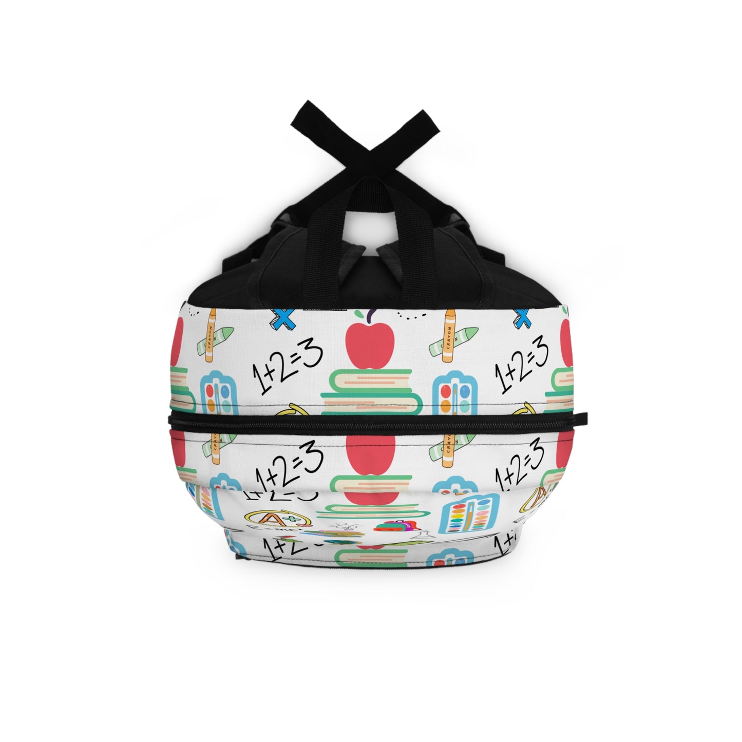 White backpack with colorful classroom icons including apples, books, rulers, and paper planes — perfect for teachers, moms, and students during back-to-school season.