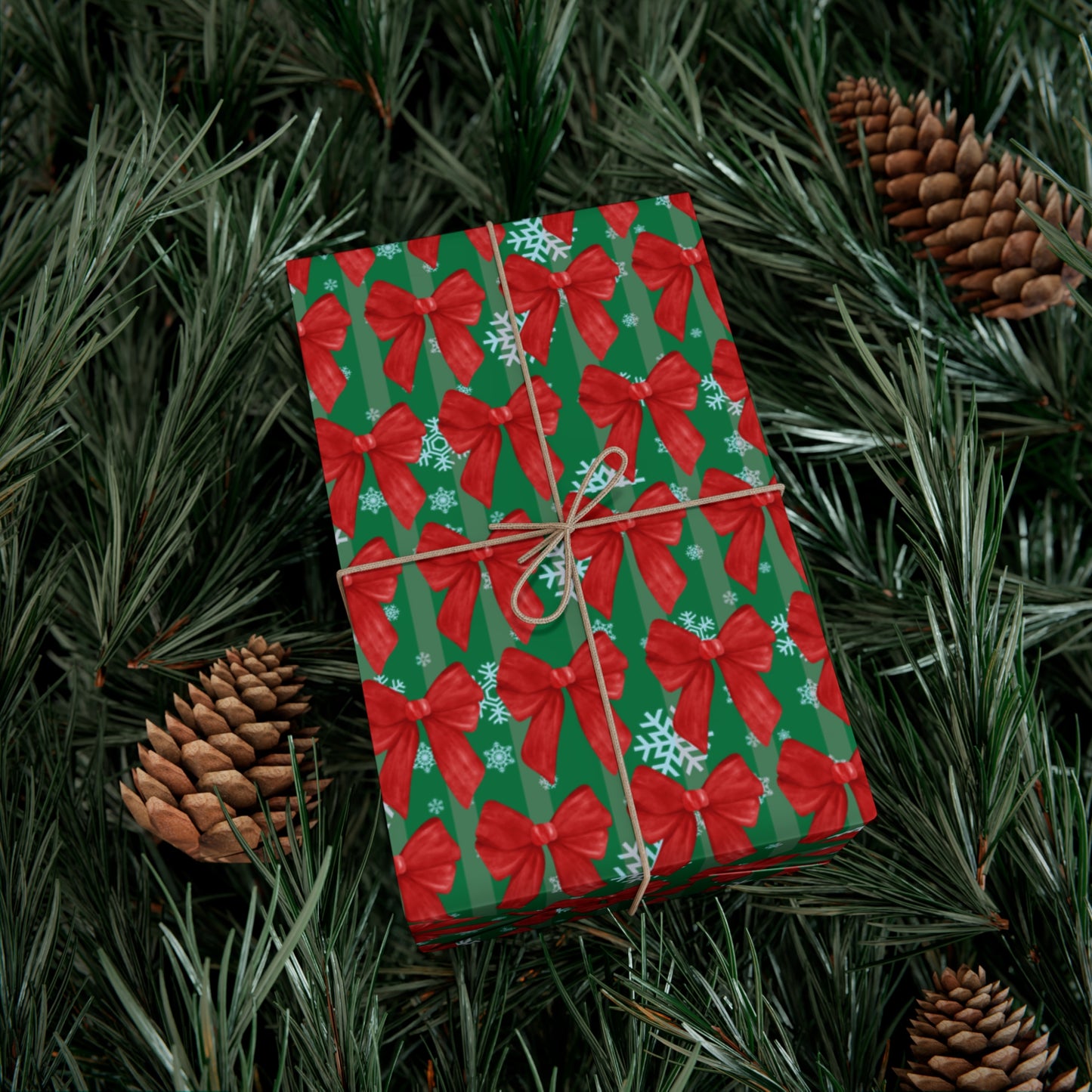 Premium Christmas Wrapping Paper: Red Bow and Snowflake Holiday Gift Wrap (Matte or Satin Finish)