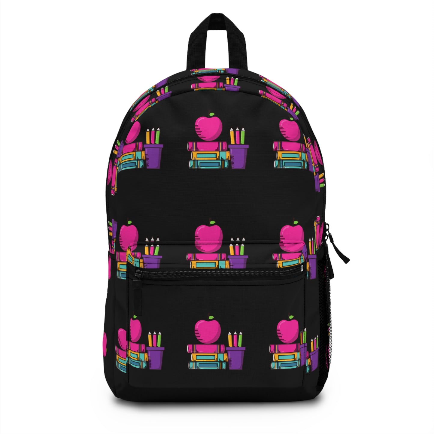 Black Colorful Back-to-School Kids Backpack – Pink Apple & Crayons Pattern