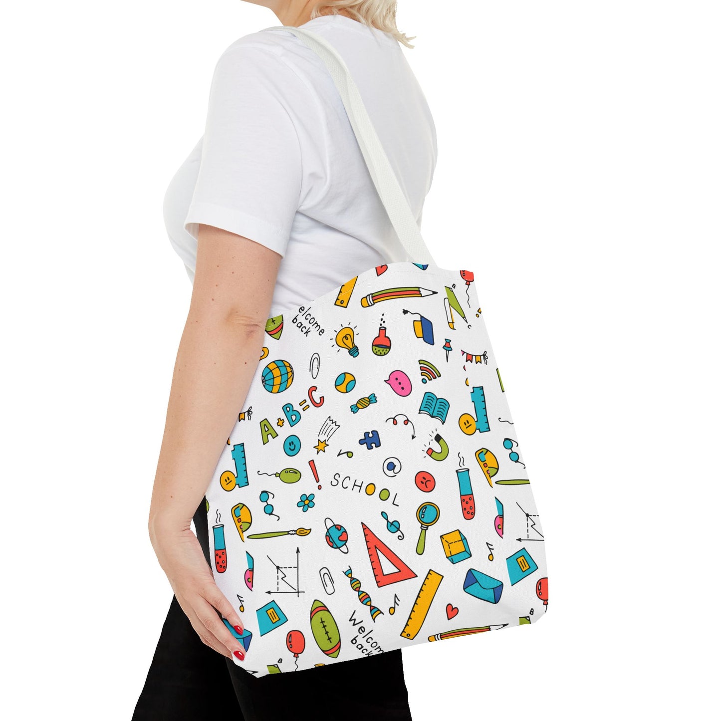 Back-to-School Doodle Print Tote Bag – Colorful School Supply Design in 3 Sizes