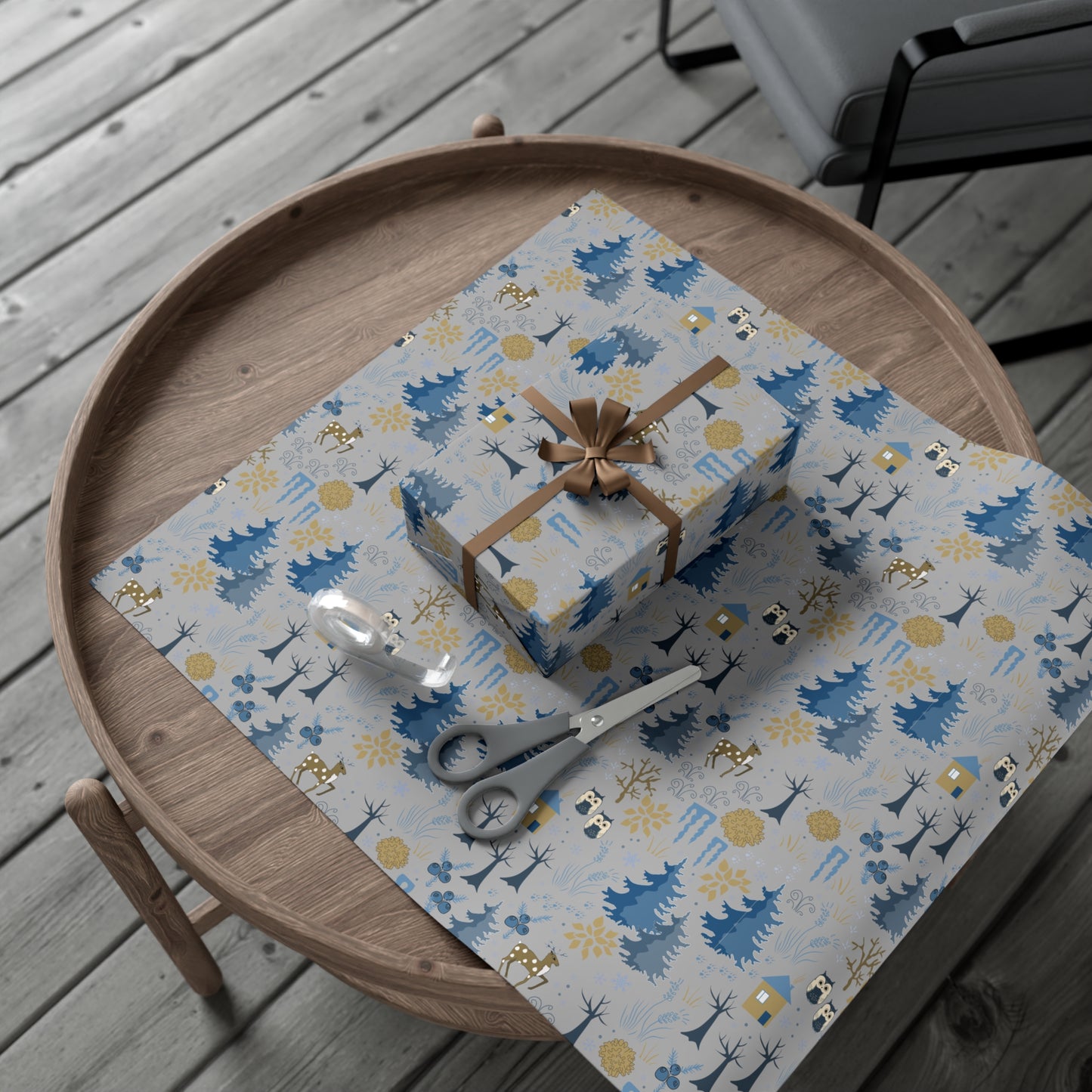 Winter Forest Scene Wrapping Paper: Blue & Grey - Eco-Friendly Christmas Gift Wrap Available in Satin and Matte