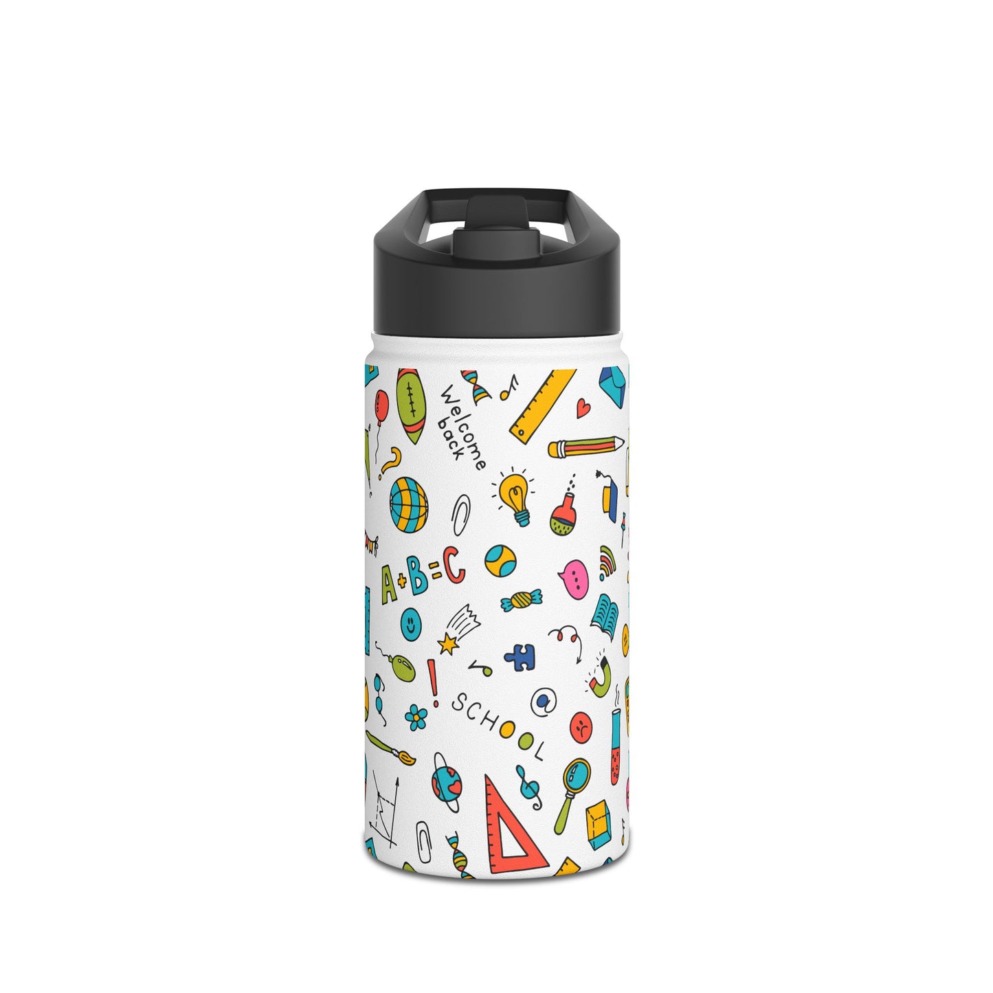 Back-to-School Stainless Steel Water Bottle – Colorful School Supplies Design, BPA-Free, 12oz/18oz/32oz