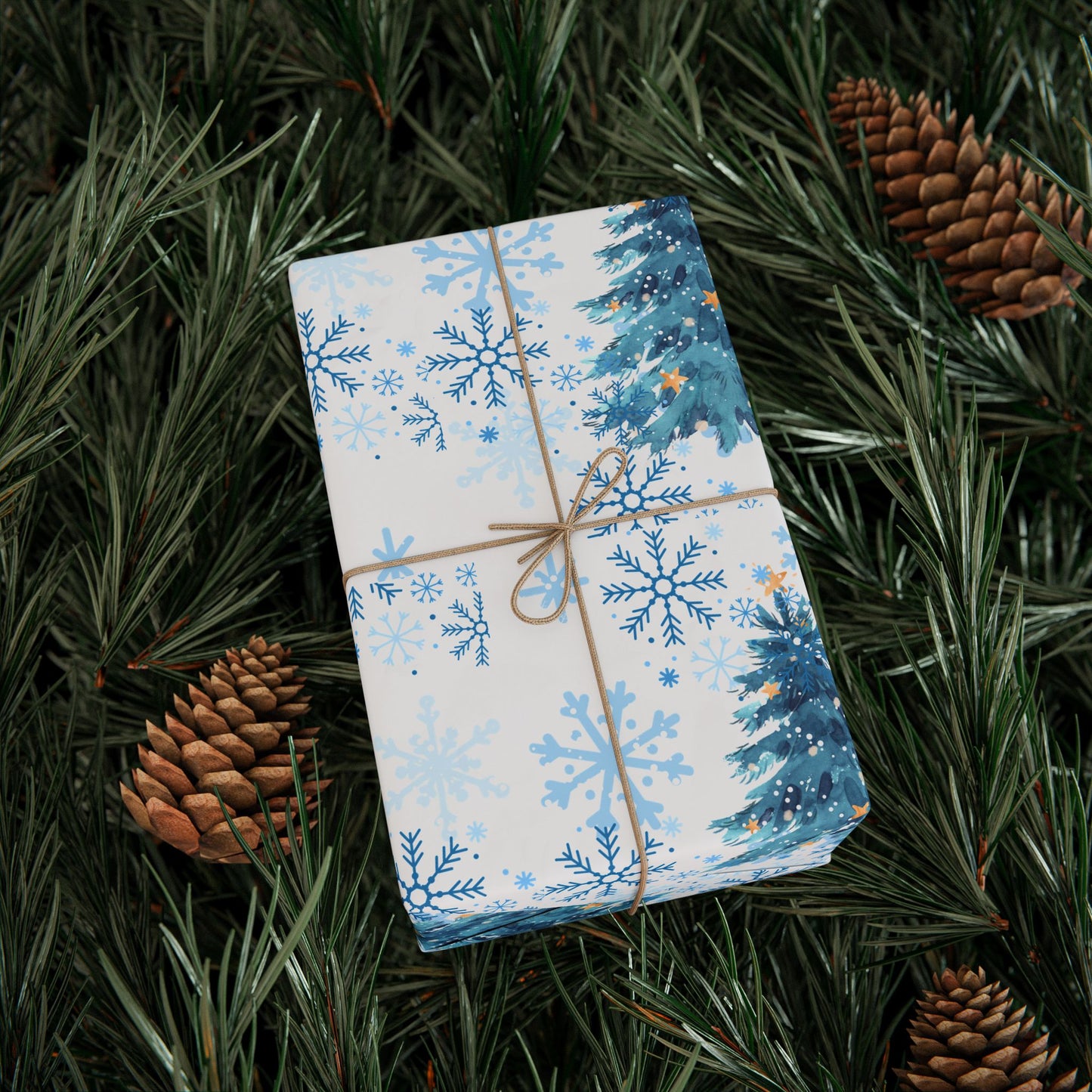 Winter Wonderland Wrapping Paper : Blue Christmas Tree and Snowflake Holiday Gift Wrap, Premium Eco-Friendly Design