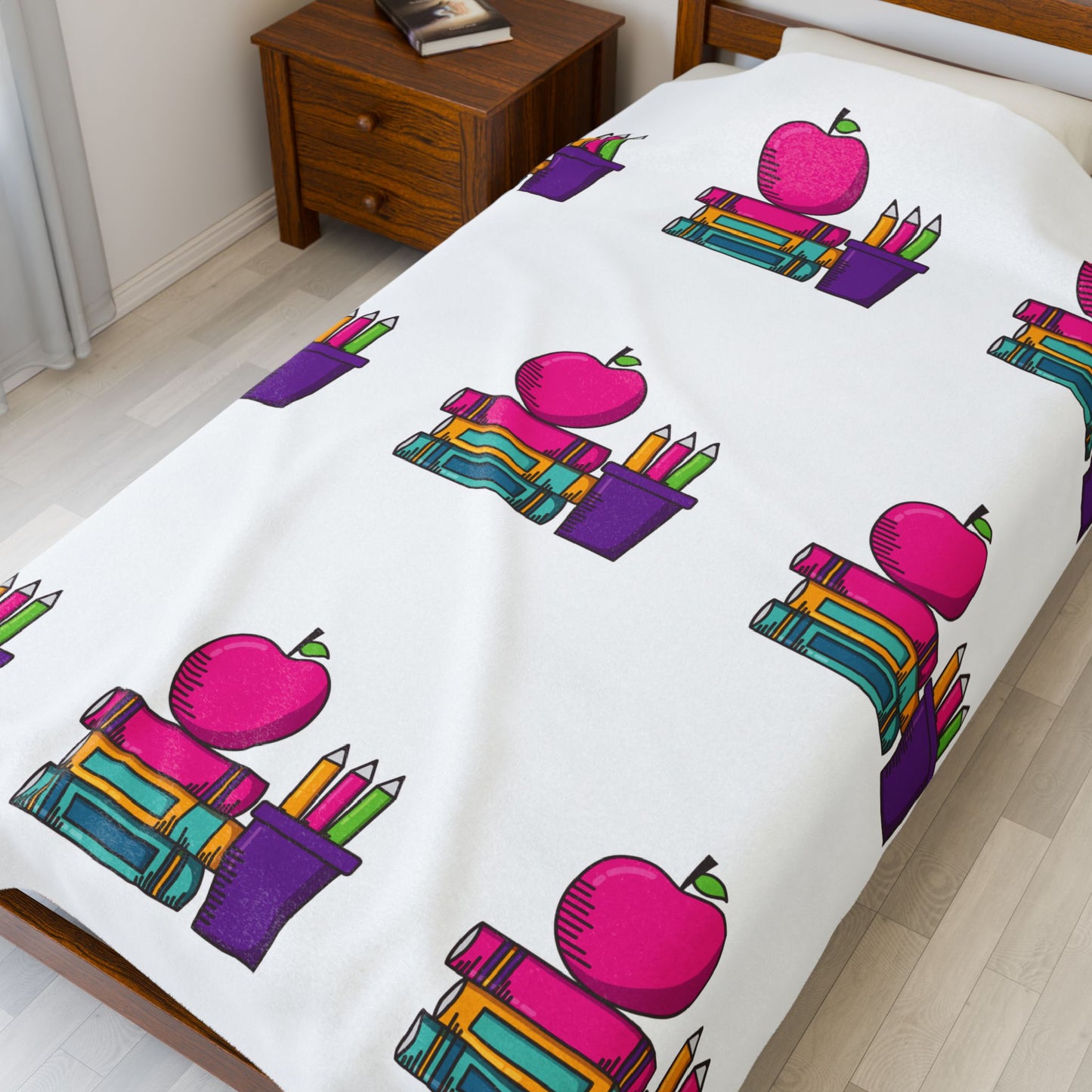 White Back-to-School Apple & Books Blanket – Cozy Teacher Gift, Student Dorm Throw, Available in White or Black