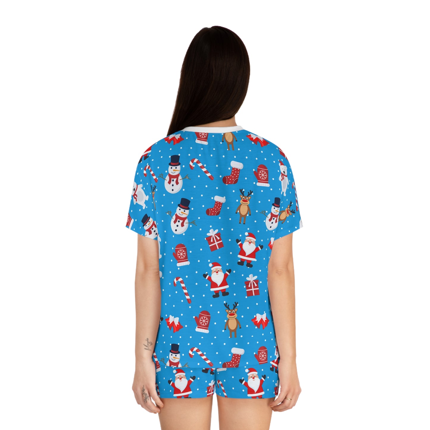 Blue Christmas Pajama Set - Festive Santa & Snowman Two-Piece Sleepwear - Holiday Gift for Her