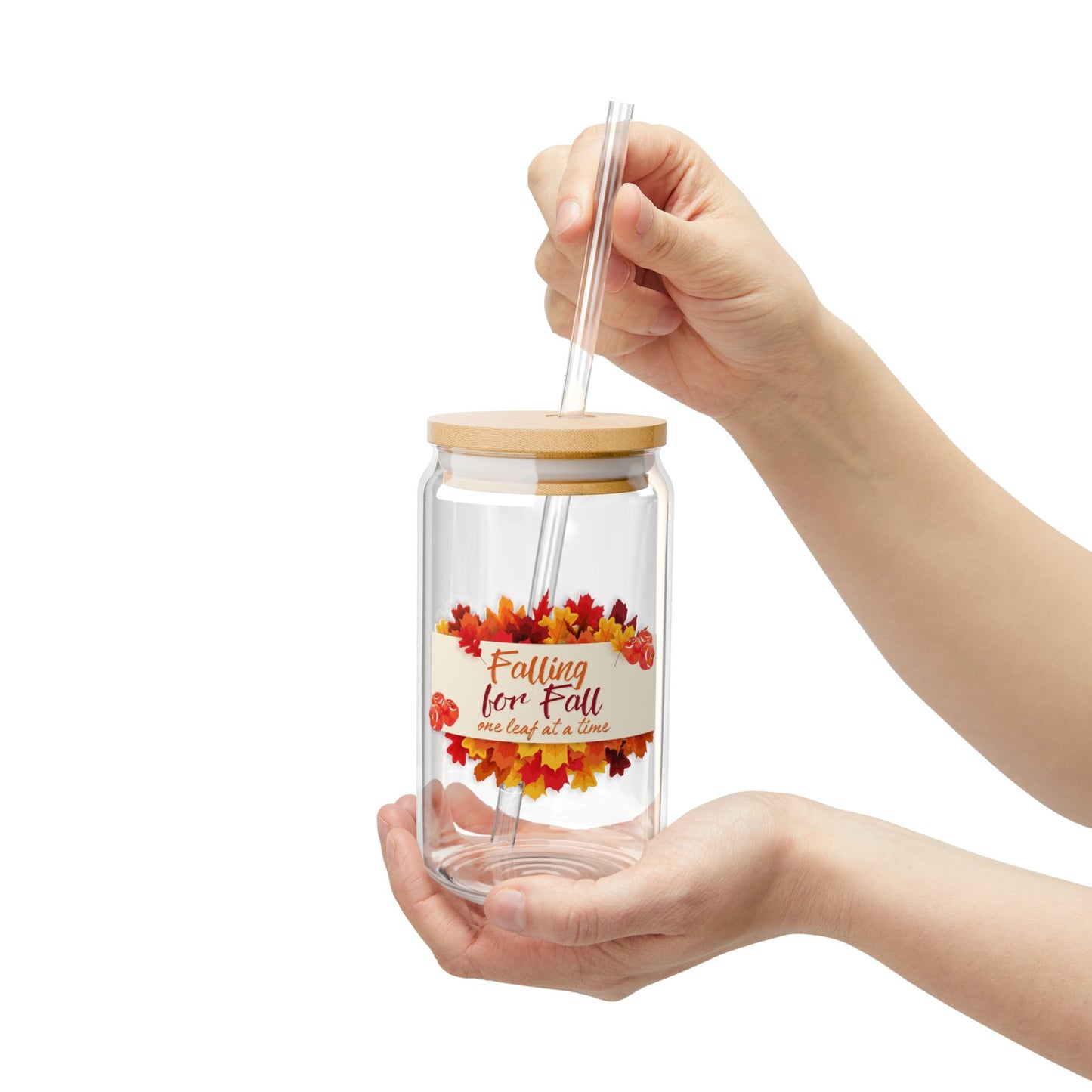 "Falling for Fall" 16oz Sipper Glass – Stylish Autumn Drinkware with Bamboo Lid & Straw – Perfect for Seasonal Sips & Thanksgiving Gatherings