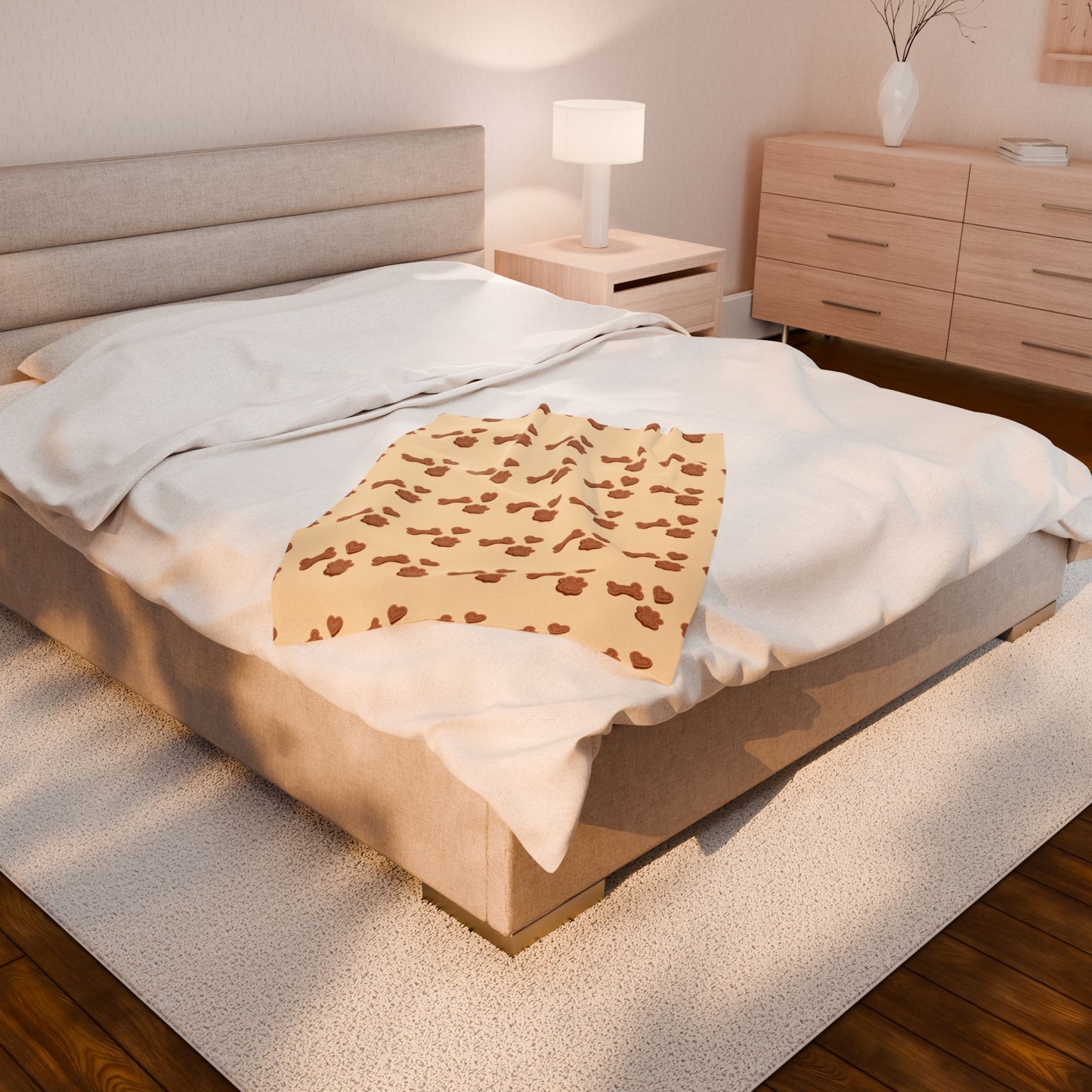 Dog Mom Cozy Blanket - Plush Beige Velveteen Throw with Paw & Bone Print (3 Sizes)
