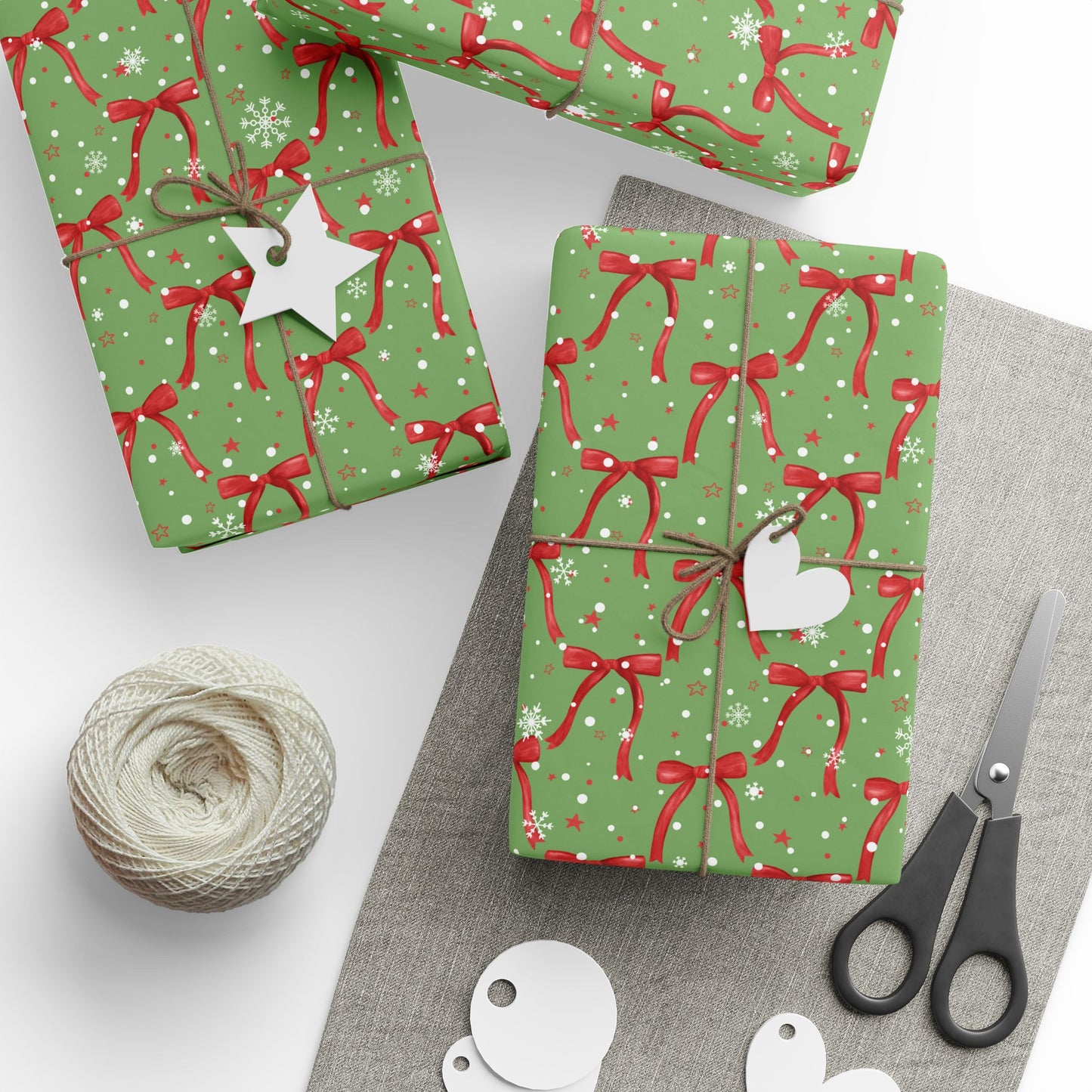 Festive Green Christmas Wrapping Paper : Holiday Gift Wrap with Red Ribbons and Snowflakes, Perfect for Christmas Gifts