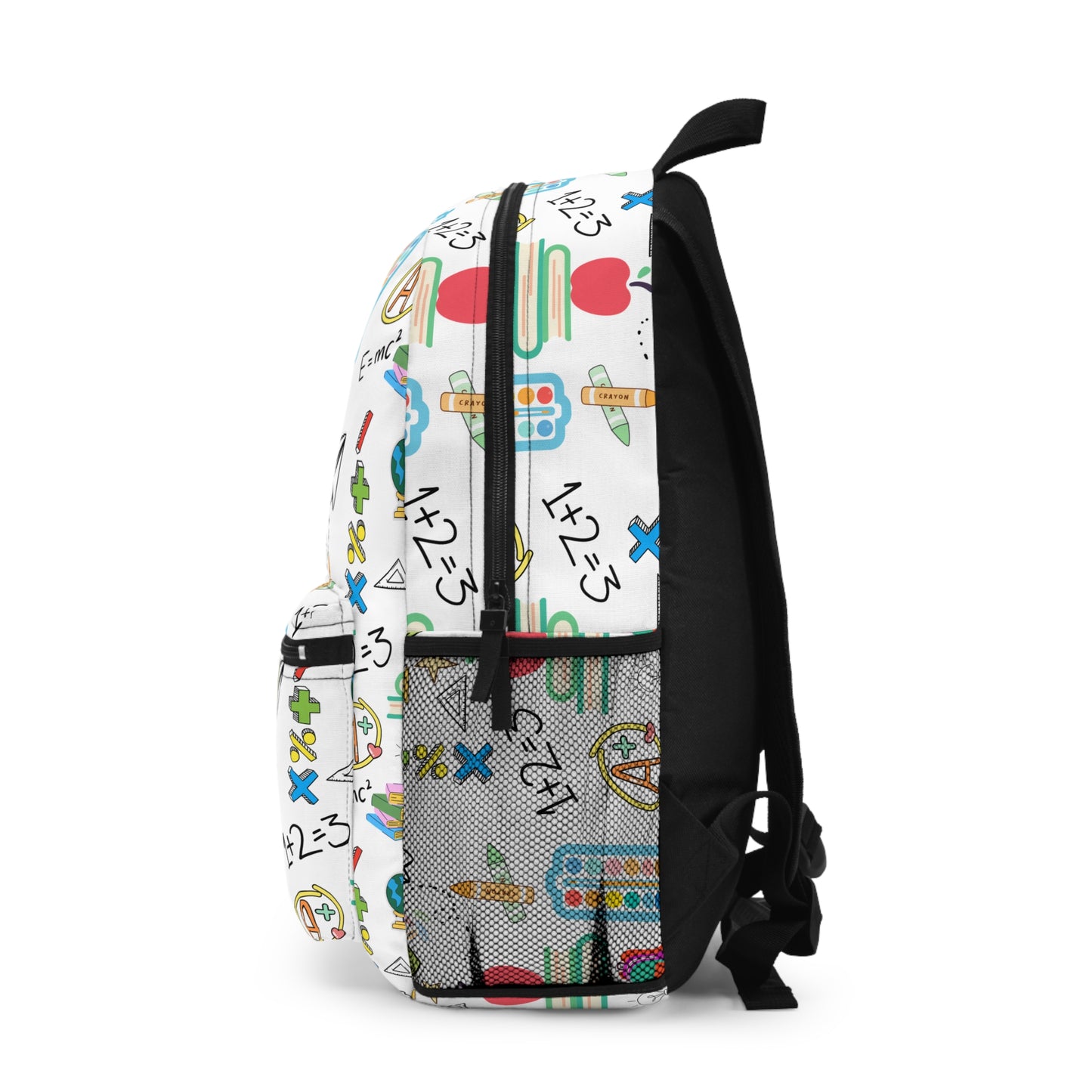 White backpack with colorful classroom icons including apples, books, rulers, and paper planes — perfect for teachers, moms, and students during back-to-school season.