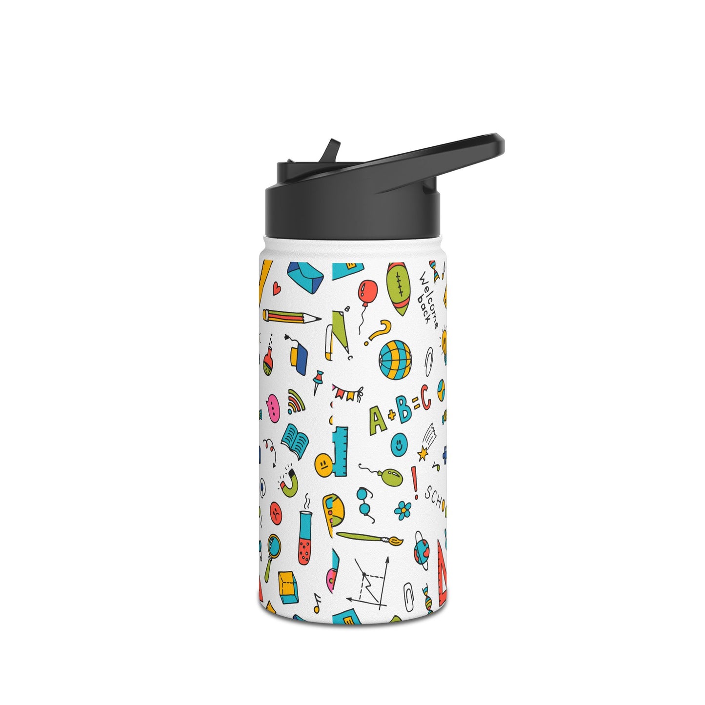Back-to-School Stainless Steel Water Bottle – Colorful School Supplies Design, BPA-Free, 12oz/18oz/32oz